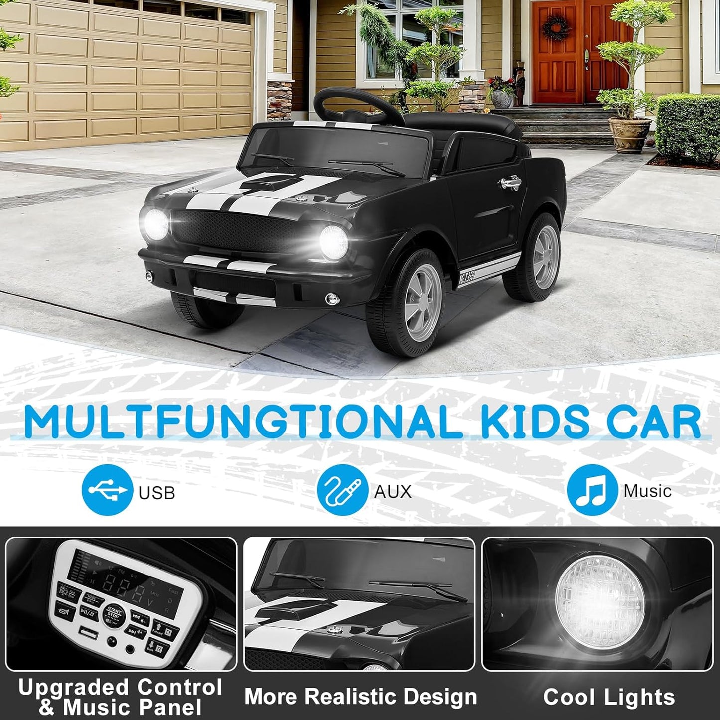 Winado 12V Licensed Shelby Electric Car for Kids, Battery Powered Ride On Toy for Toddlers with Remote Control, Upgrade Panel, Bluetooth, Shock Absorbers, Safety Belt, 3 Speeds, LED Lights - Black
