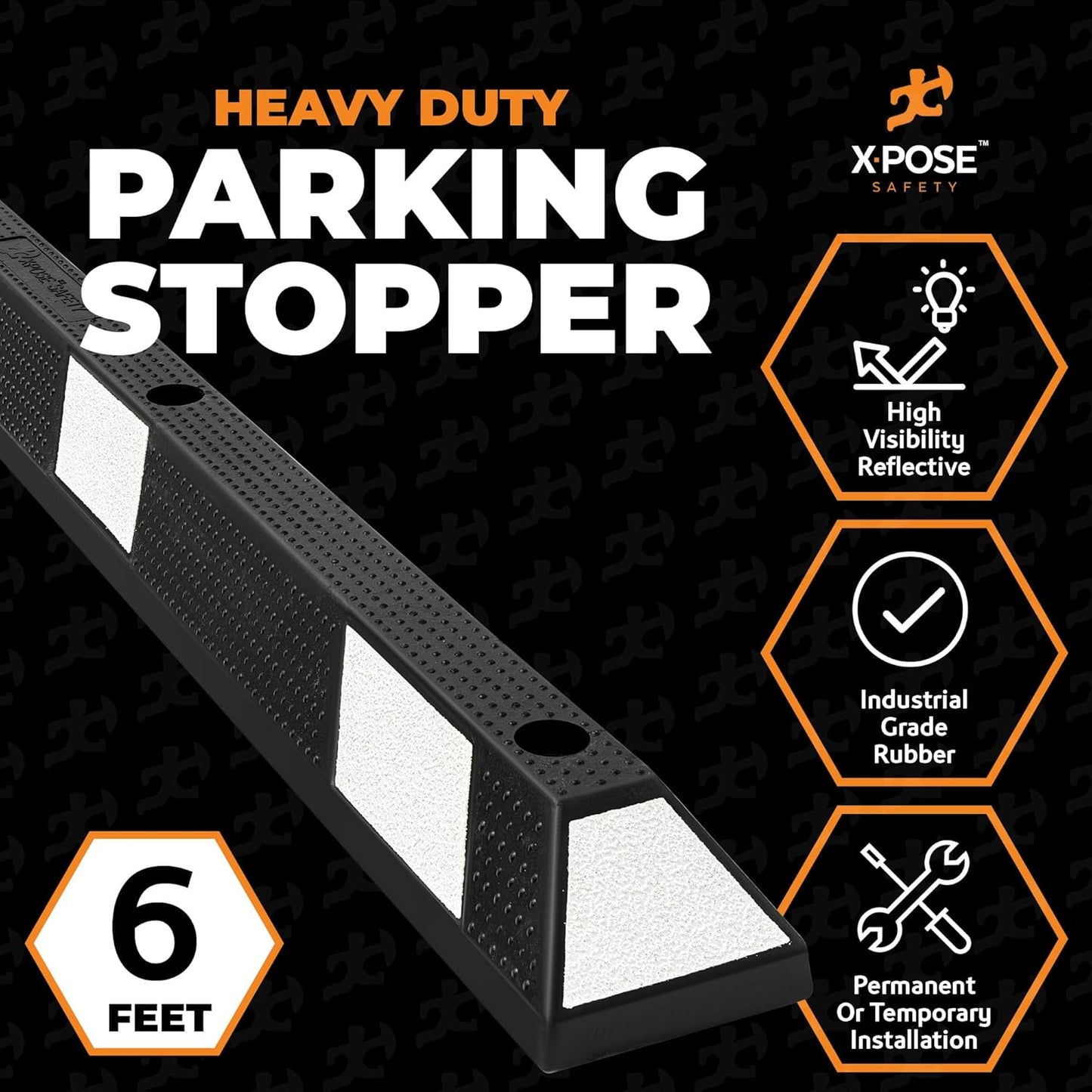 Xpose Safety 72" Heavy Duty Rubber Parking Stopper – Bulk Full Pallet 50 Pack Wheel Blocks for Garage, Driveway, or Ramp – Car Bumper Stop with White Reflective Strips – Removable Floor Mount