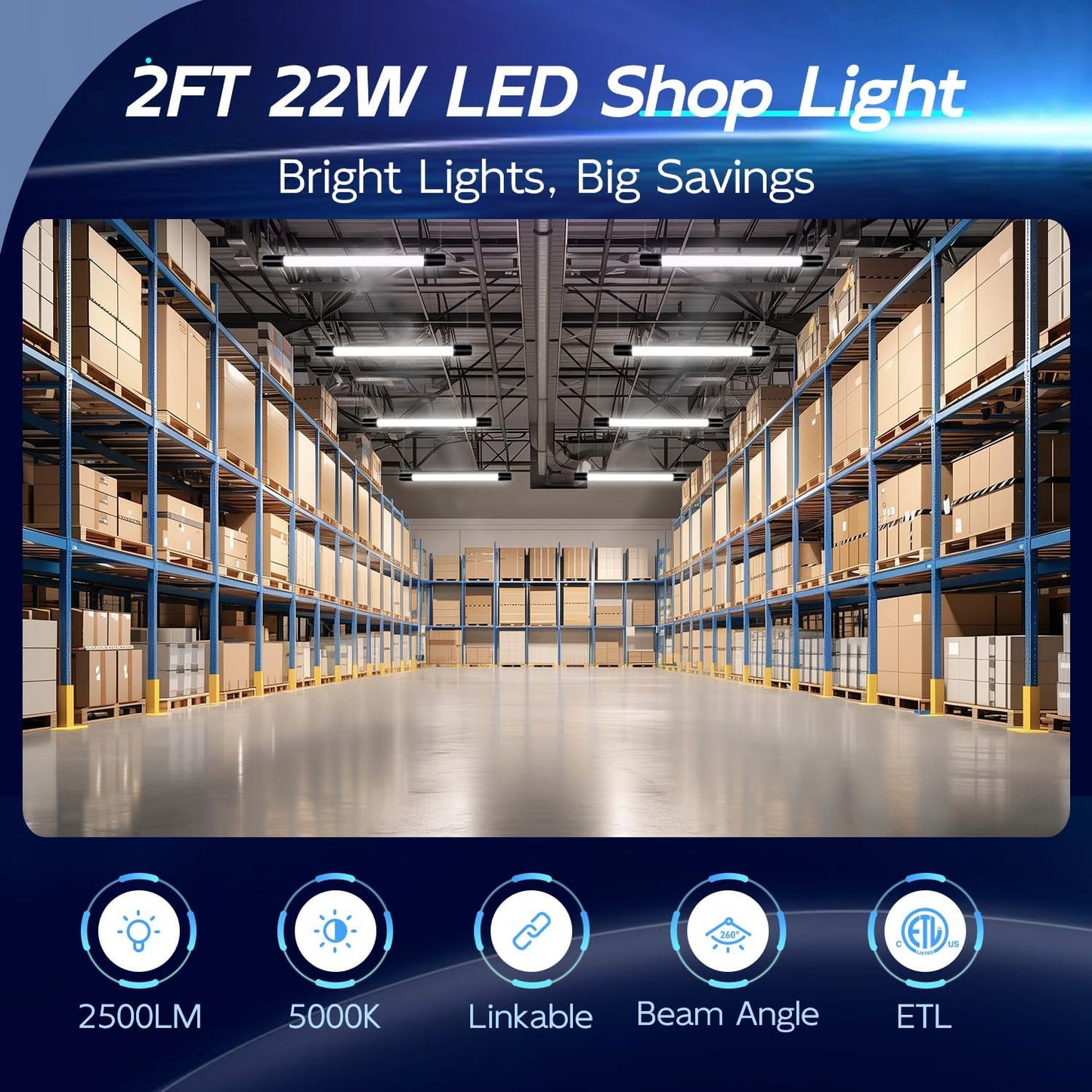 hykolity 4 Pack Linkable LED Shop Light for Garage, 2FT 22W Utility Light Fixture, 2500lm, 5000K Daylight LED Workbench Lighting with Power Cord, Hanging or Flush Mount, Black - ETL