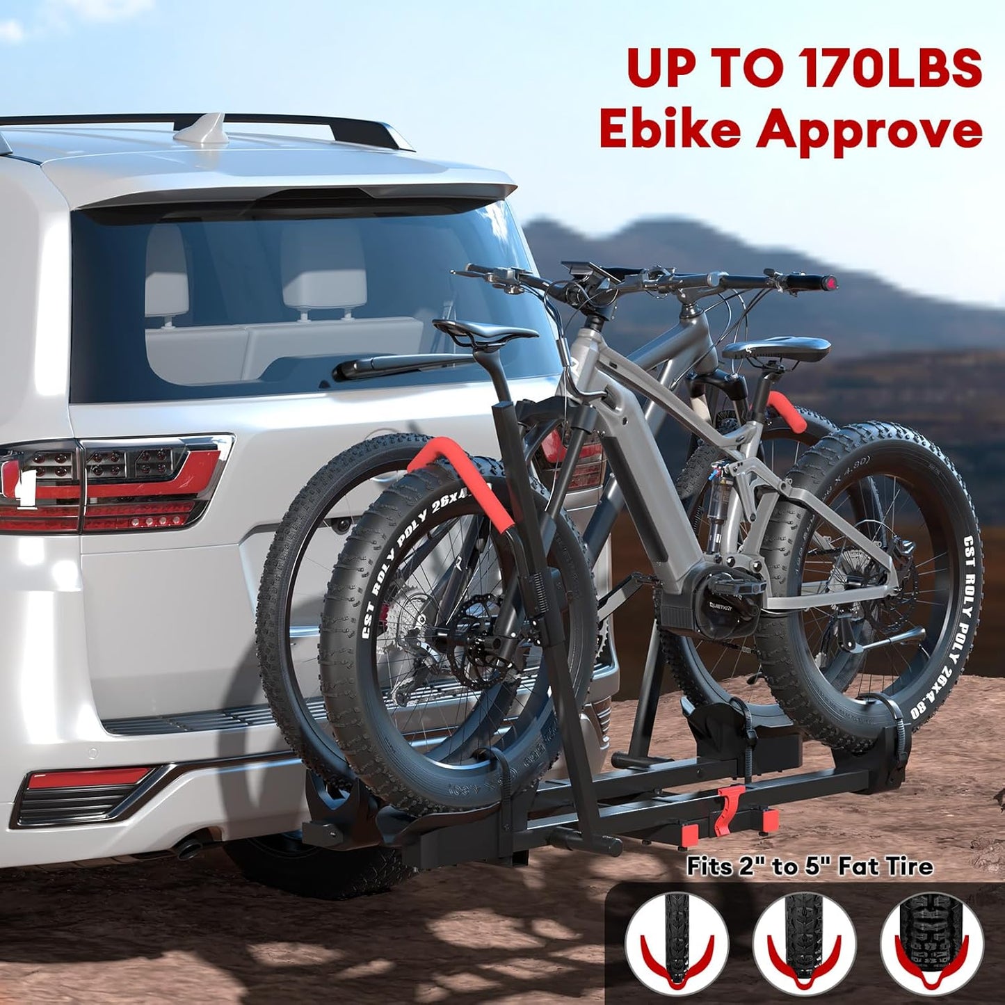 Hitch 2 EBike Rack with Ramp, 170lbs Capacity Foldable Electric Bike Carrier for 2 Heavy Ebike, Up to 5" Fat Tire Bicycle for 2" Receiver for Car, SUV, RV, Truck, Black