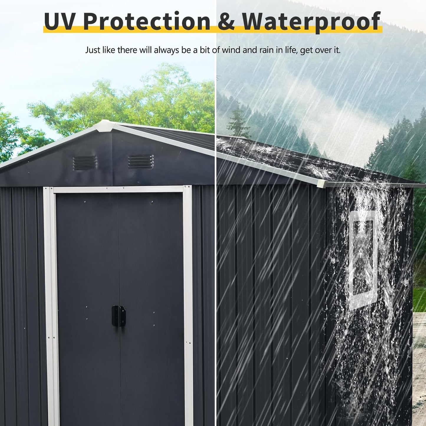 4x8 FT Outdoor Storage Shed, Metal Garden Shed with Frame Floor, Outside Tool Shed with Window, Waterproof Storage Building with Lockable Sliding Doors & Sloped Roof for Backyard, Patio, Black