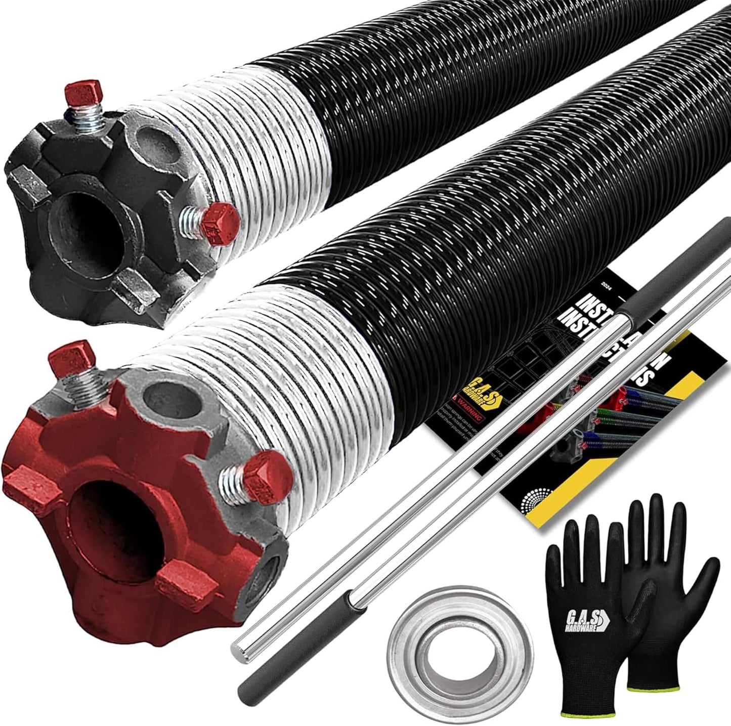 Garage Door Torsion Springs 295x2x49 Includes 1” Steel Bearing, Gloves, and Winding Bars for Left and Right Side of Garage Door Precision E-Coating 5-Year Warranty Minimum 30,000 Cycles (Pair)