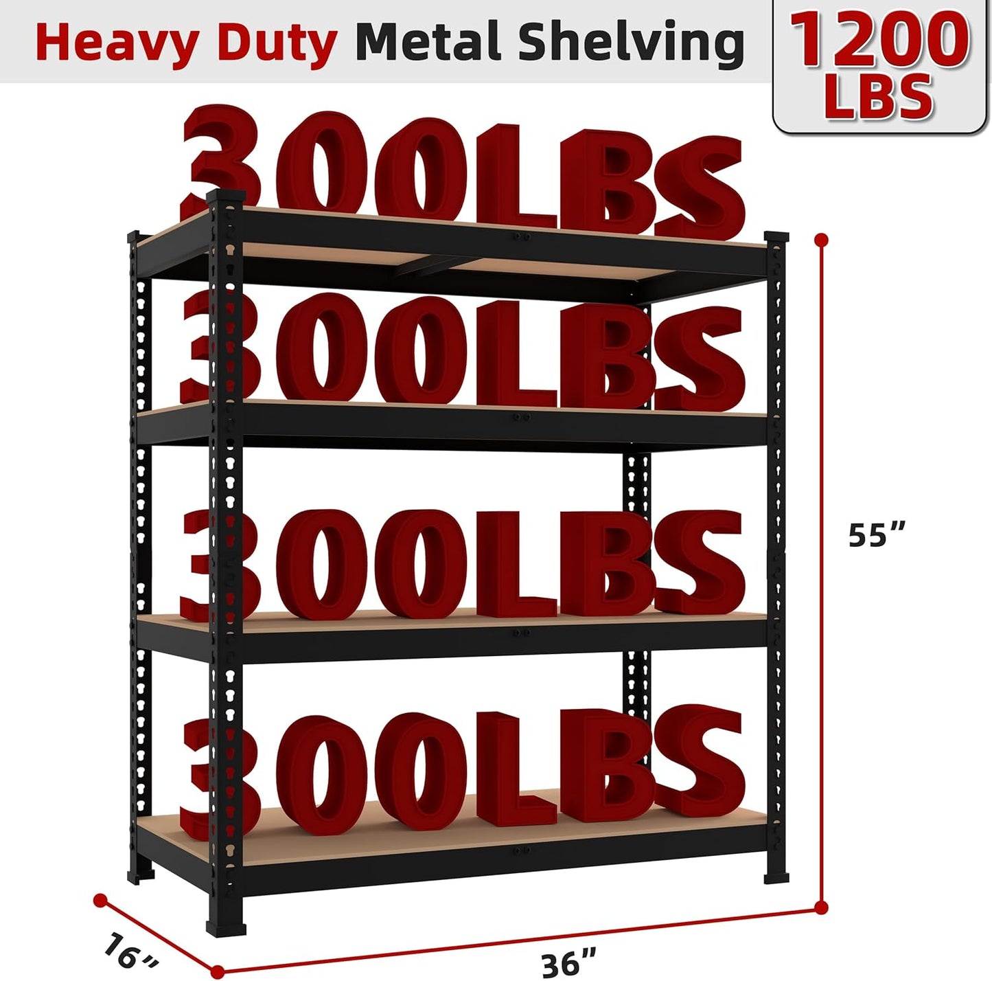 3 Packs 36" W x 16" D x 55" H Adjustable Garage Storage Shelves - 4-Shelf Heavy Duty Shelving Unit, Metal Utility Storage Organizer Racks for Warehouse Pantry Closet Kitchen, Black