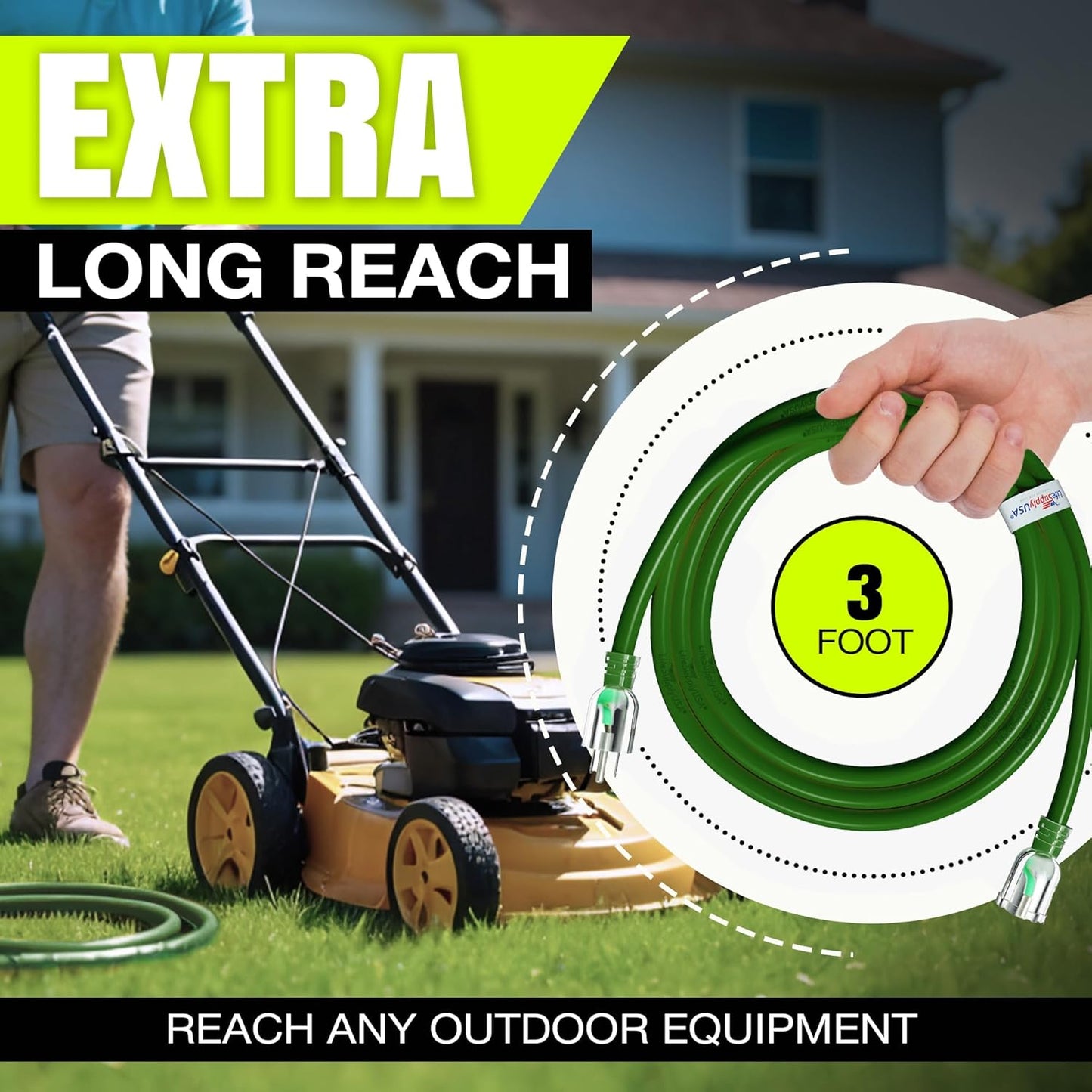 3ft Outdoor/Indoor Extension Cord 14/3 Gauge Heavy Duty 3 Prong SJTW, Waterproof, Flexible Cold-Resistant Long Power Cord,15A 125V 1875W, Green by LifeSupplyUSA