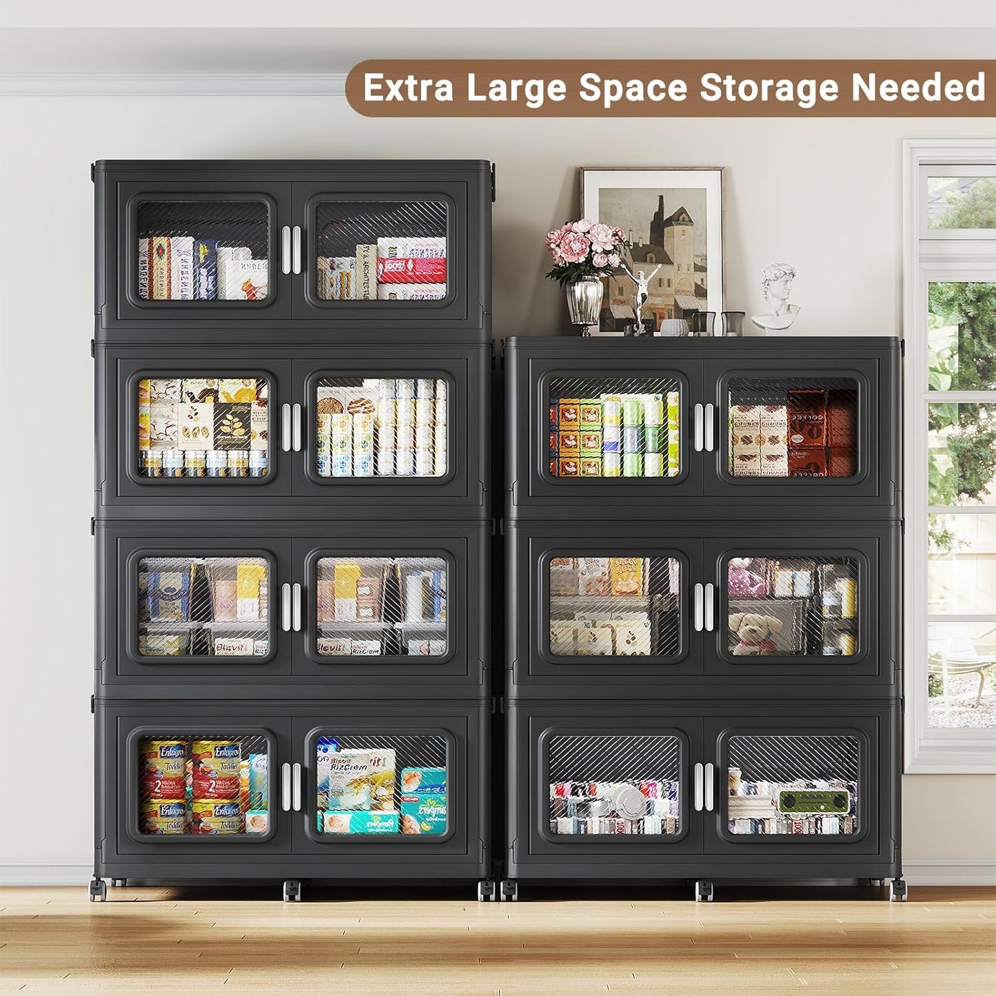 660 Qt Stackable Storage Bin with Lids, 165Gal Extra Large Collapsible Storage Boxes, Folding Plastic Drawer, Heavy-Duty Store Cabinet, Closet Organizer for Home Kitchen, 3 Pack Black