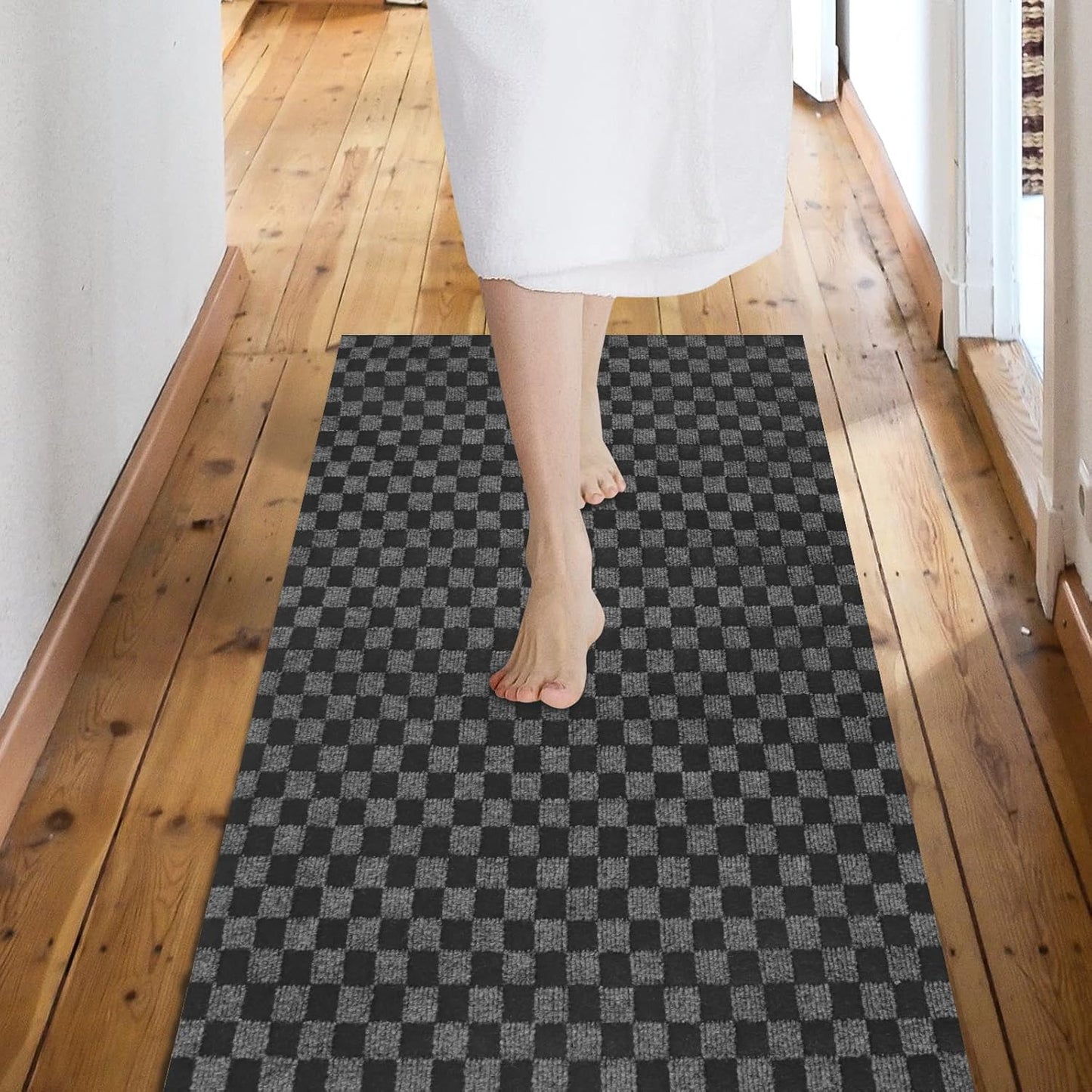 Custom Size Backed Non-Slip Area Rugs Runner, Easy Clean, Waterproof Runner Rugs for Hallway Entryway, Kitchen, Laundry, 4FT x 38FT, Gray Checkered