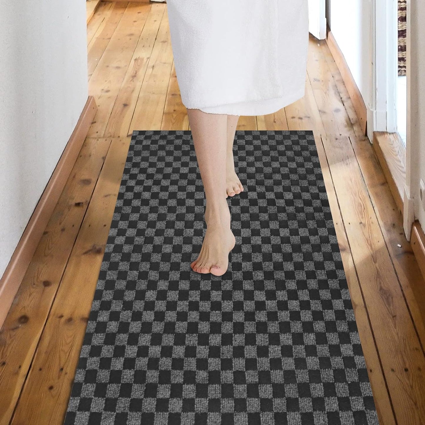 Custom Size Backed Non-Slip Area Rugs Runner, Easy Clean, Waterproof Runner Rugs for Hallway Entryway, Kitchen, Laundry, 3FT x 15FT, Gray Checkered