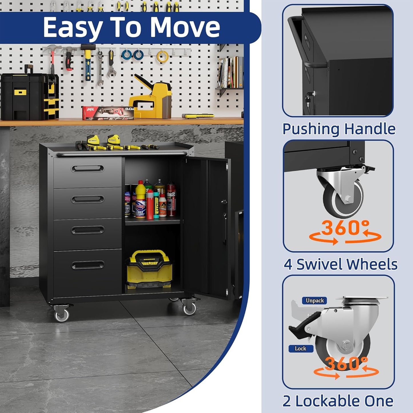 Metal Tool Cabinet,Garage Storage Cabinet System,Wall Cabinet & Locking Rolling Tool Cabinet with Doors and Adjustable Shelves,Steel Tool Cabinets for Home,Office (2 Pcs-Styled, Black)