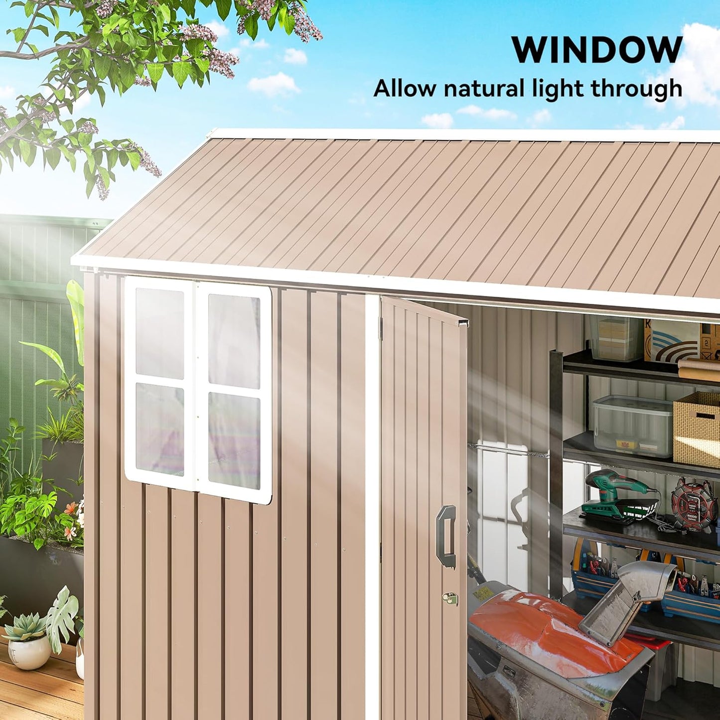Outsunny 8' x 6' Outdoor Storage Shed, Metal Garden Shed with Window & Double Lockable Door, Outdoor Tool Shed Storage with Sloped Roof for Backyard, Patio, Garage, Lawn, Brown