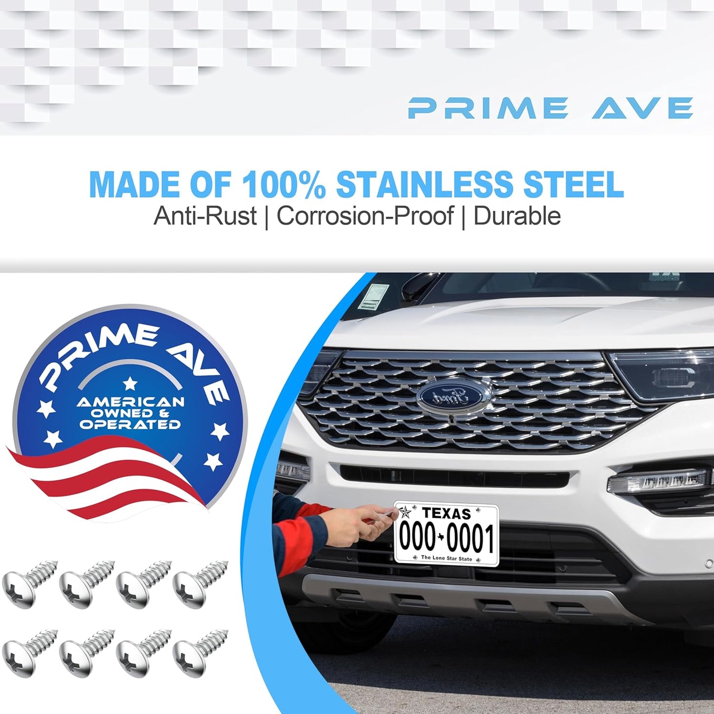 Stainless Steel License Plate Screws for License Plates, Frames, Covers - Durable & Rust Proof Licence Plate Screw Set for Front/Rear - Compatible with Ford Lincoln (Pack of 8)
