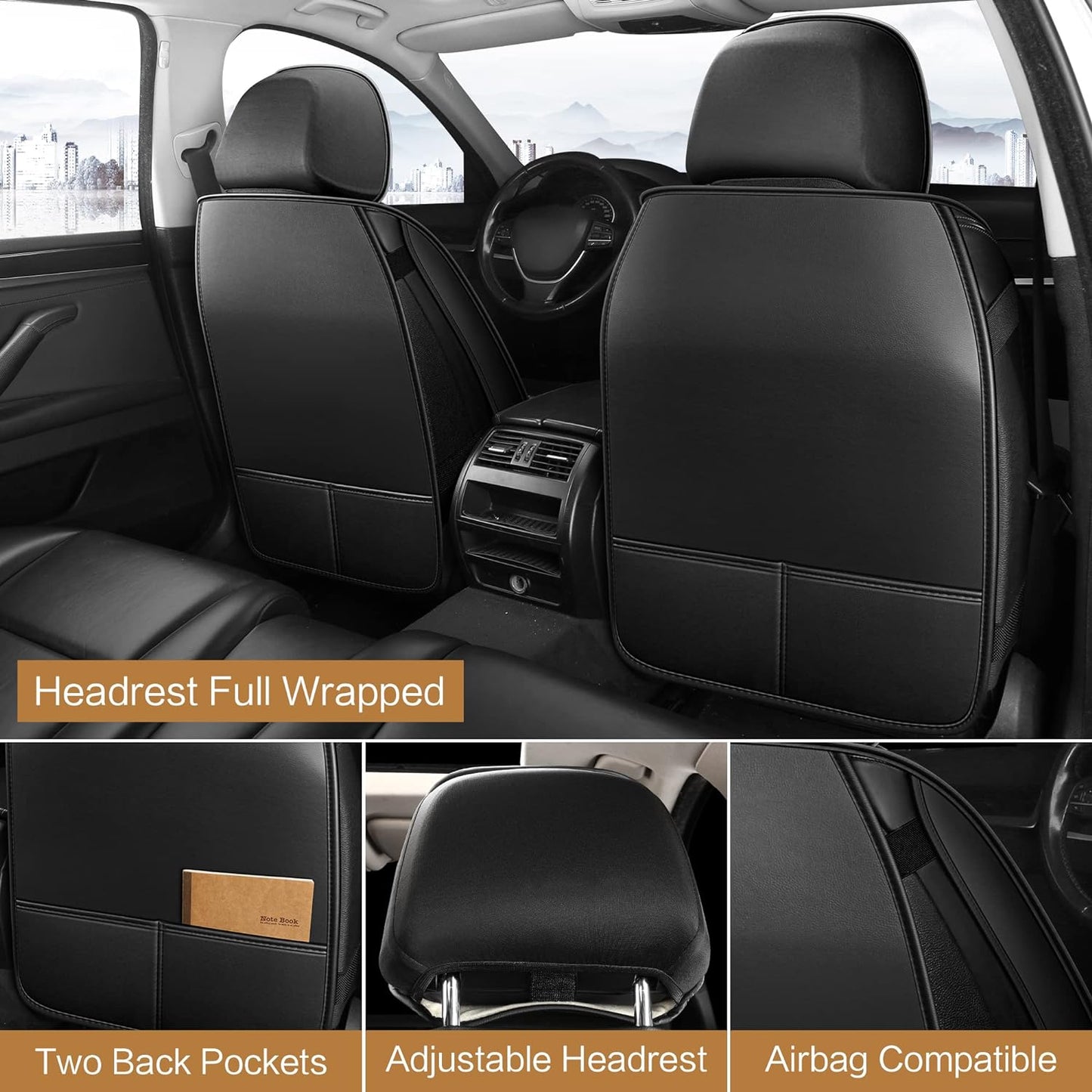 Pariitadin Leather Car Seat Covers Full Set, Waterproof Breathable Faux Leather Automotive Seat Covers for Cars, Non-Slip Car Interior Covers Universal Fit Most Cars Sedans Trucks SUVs, Black