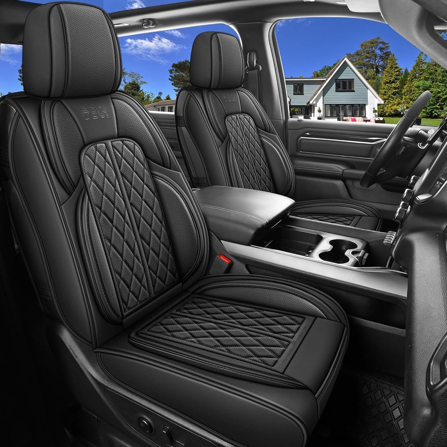 Car Seat Cover Custom Fit for Dodge Ram 1500 2500 3500 2002-2024 Faux Leather Seat Cover Set Compatible with Crew Quad Regular Cab Pickup Truck Cushions (Black, Full Set, Curved Rear)