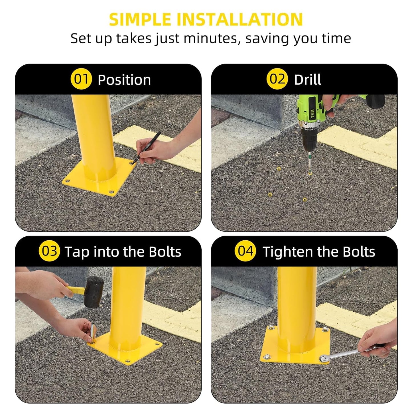 Safety Bollard 4 Packs, 42 Inch Height Steel Post, 4.5 Inch Diameter Parking Bollard, Yellow Safety Bollard Post with 16 Anchor Bolts, Ideal for Ideal for Parking Warehouse Park Traffic Area