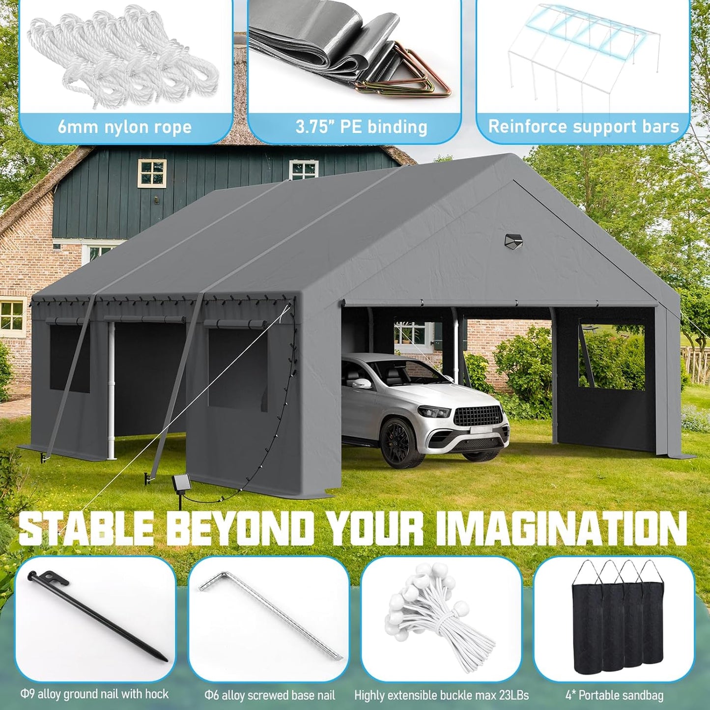 20x20 Carport, Heavy Duty Carport Canopy Garage with Removable Sidewalls and Drive Through Roll Up Zipper Doors & Side Doors, Grey