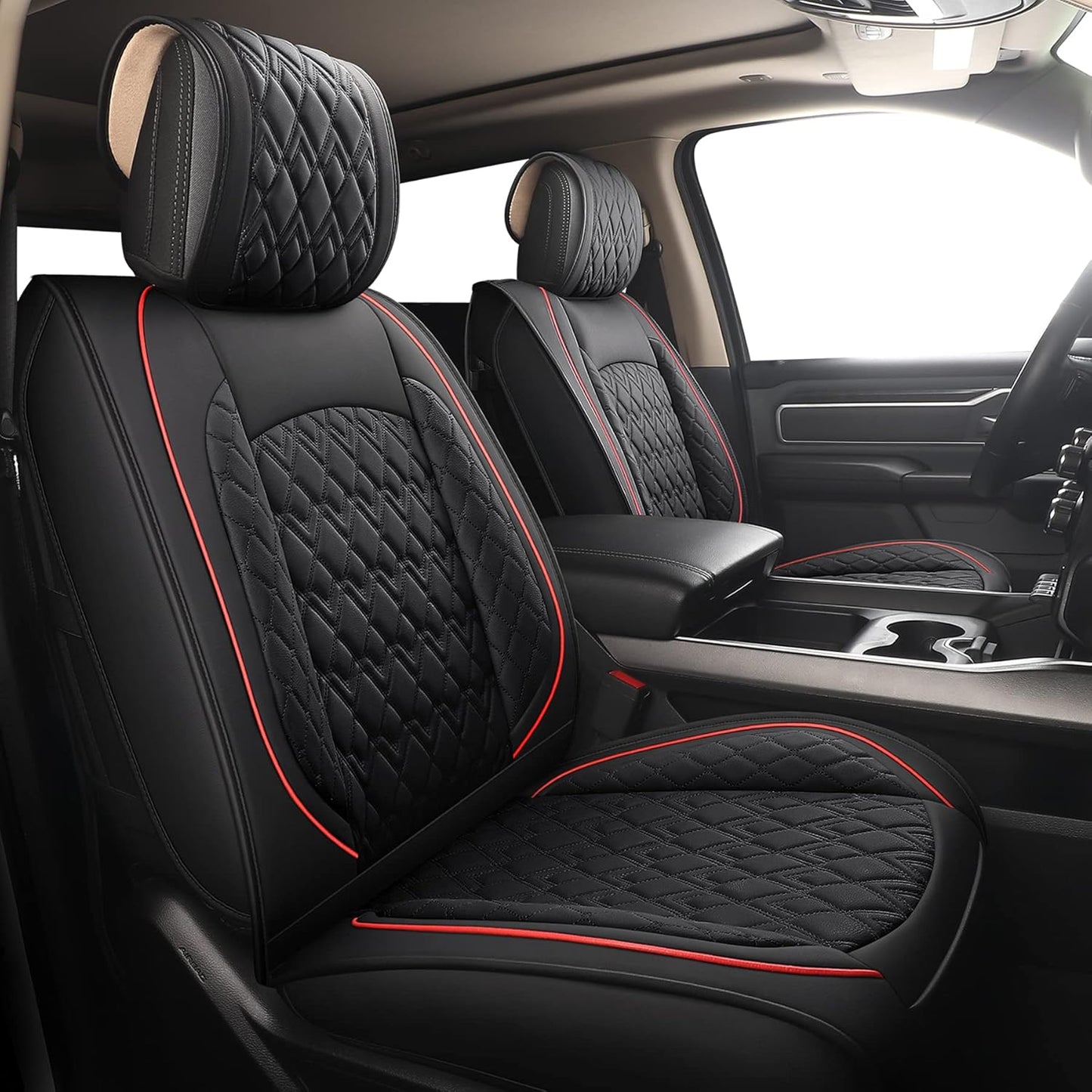 JOJOBAY Car Seat Covers for Dodge Ram Full Set,Fit Ram 2009-2025 1500/2500/3500 Pick-up Truck,Crew,Regular,Quad,Mega Cab,Waterproof Leather Seat Covers Protectors（5 PCS Full Set,Black/Red）