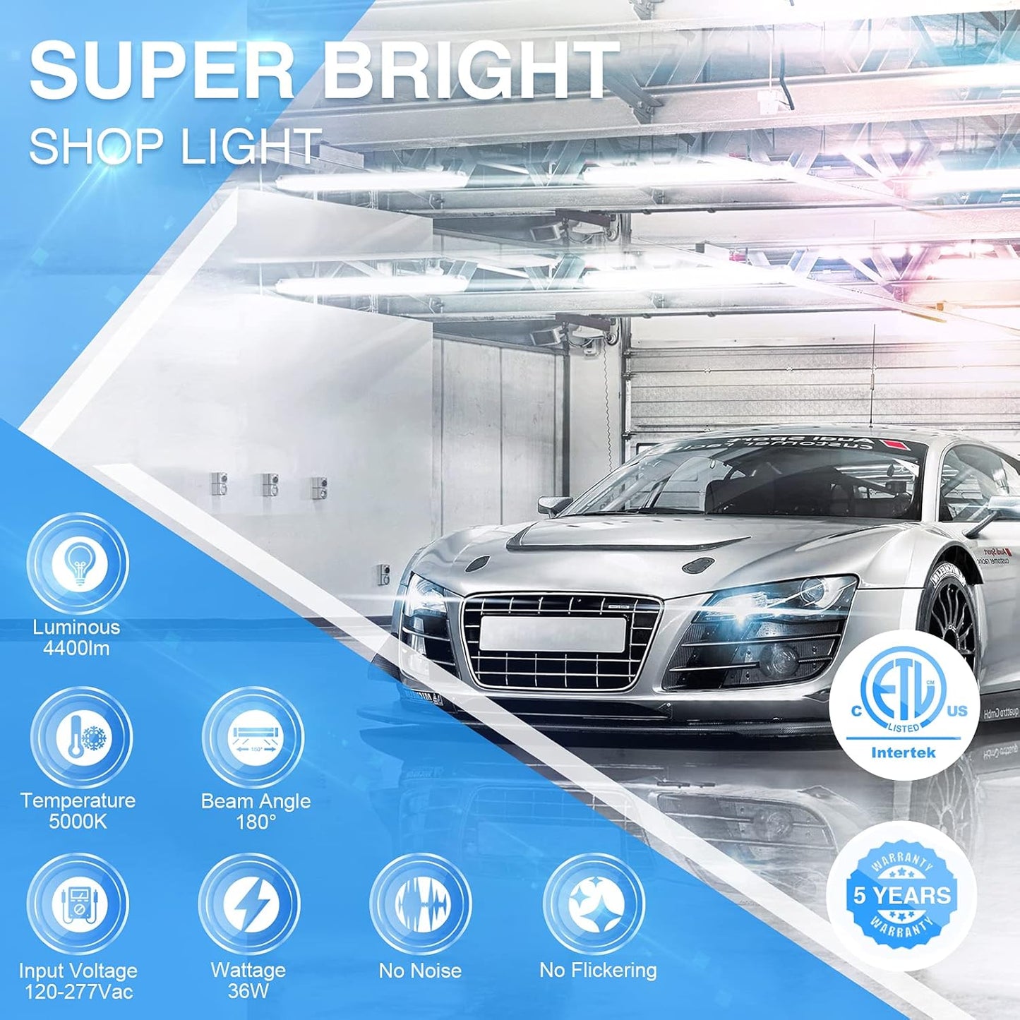 Ensenior 6 Pack Linkable Led Shop Light 4ft for Garage, 4400 High Lumens, 36W Equivalent 280W, 5000K Daylight, 48 Inch Utility Shop led Lights, Surface or Hanging Mount Fixtures, Black, ETL Certified