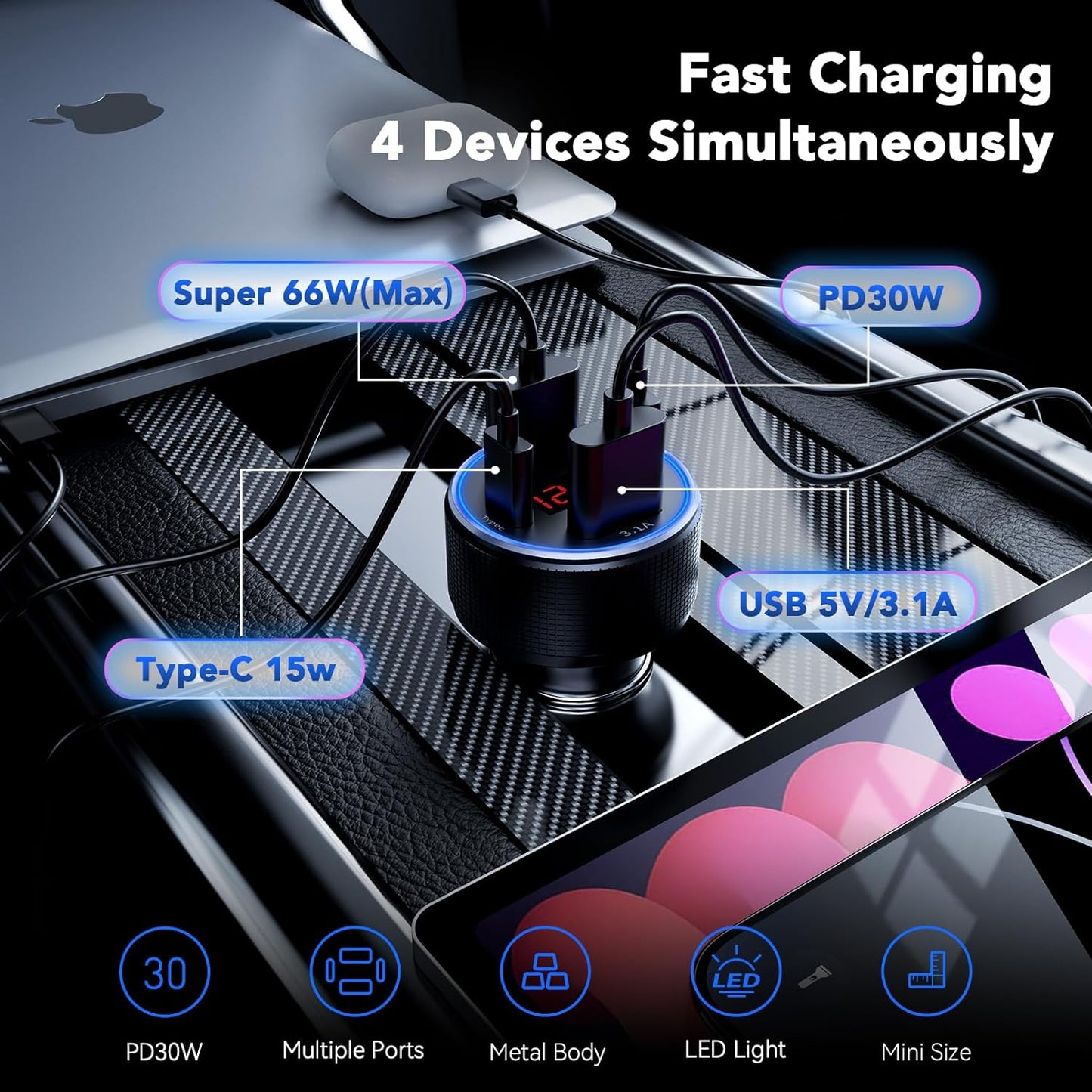 USB C Car Charger, 4 Port 78W Dual USB Car Charger Adapter Fast Charging Multi Port Cigarette Lighter Adapter with Voltmeter Type C Phone Car Accessories for iPhone 16/15/14/13, Samsung Galaxy, iPad