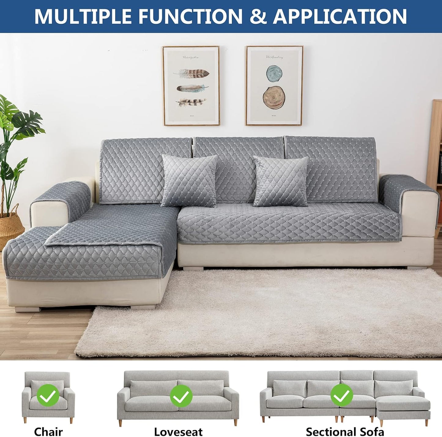 Eismodra Couch Cover,Sectional Couch Covers,Sofa Covers for 3 Cushion Couch,Anti-Slip Sofa Slipcovers for Dogs Cats Kids Loveseat Recliner L Shaped Armrest Backrest,Light Gray 36''x70''(Only 1 Piece)