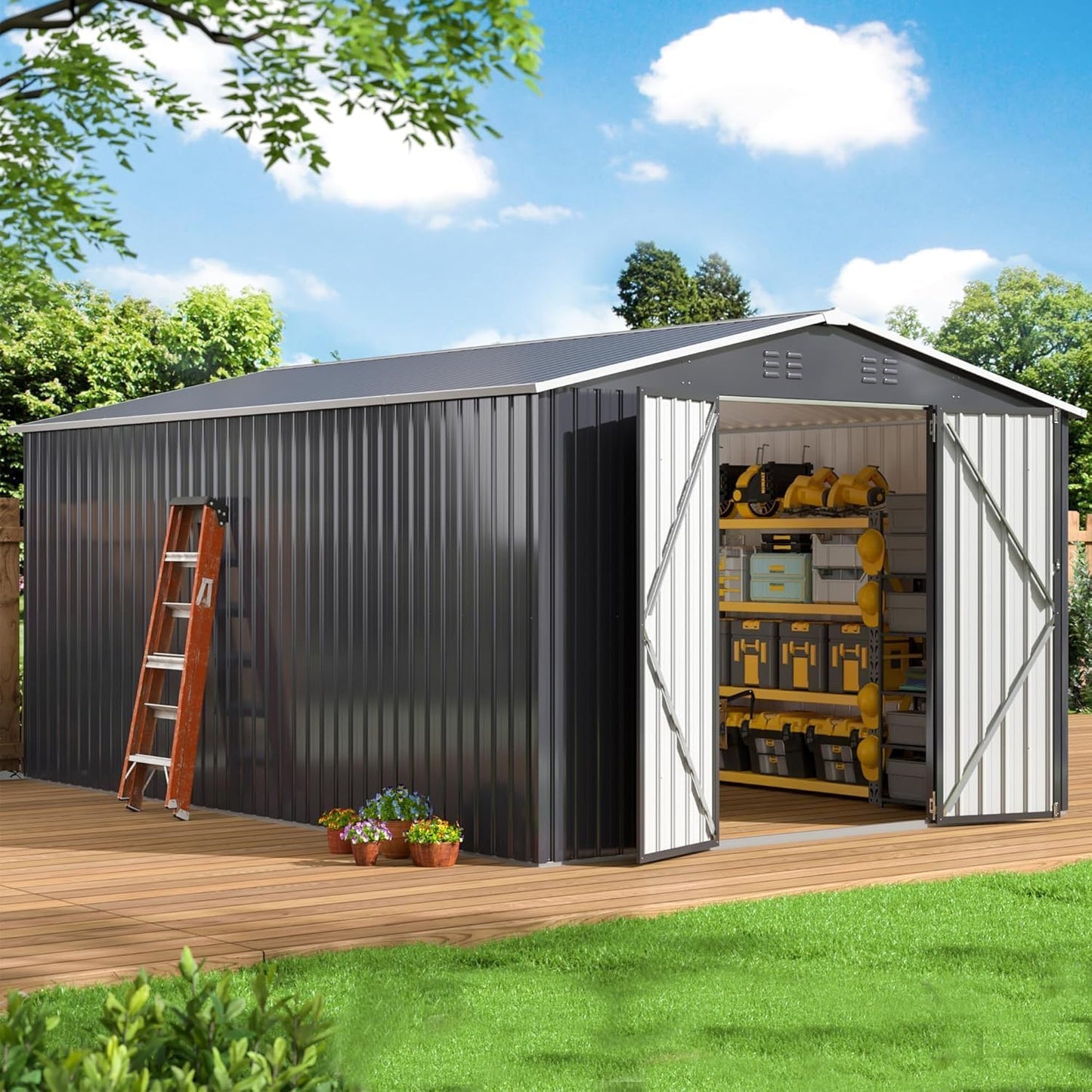 WKM 10x14 FT Outdoor Storage Shed, Utility Metal Tool Storage with Lockable Doors and Updated Frame Structure, Metal Garden Shed for Backyard, Patio Lawn, Black
