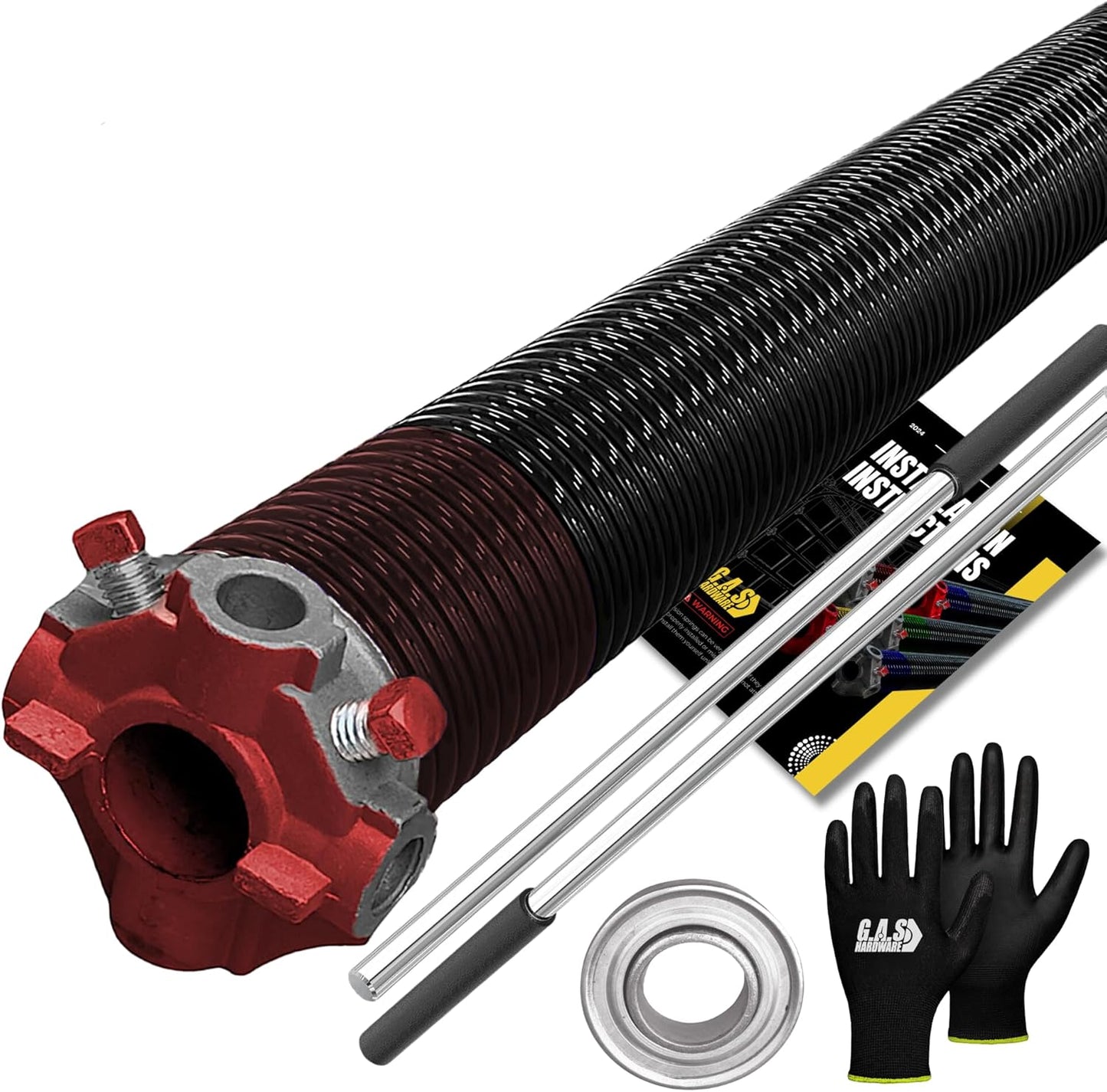 Garage Door Torsion Spring 234x1.75x31 Includes 1” Steel Bearing, Non-Slip Gloves, and Winding Bars for Left Side of Garage Door Precision E-Coating 5-Year Warranty Min. 30,000 Cycles (Red Cone)