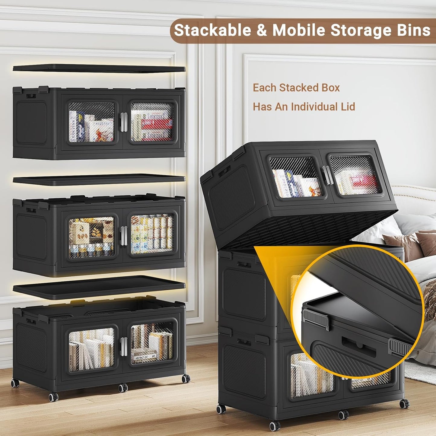 880 Qt Stackable Storage Bin with Lid, 220Gal Extra Large Collapsible Storage Boxes, Folding Plastic Drawer, Heavy-Duty Store Cabinet, Closet Organizer for Home Kitchen, 4 Pack Black