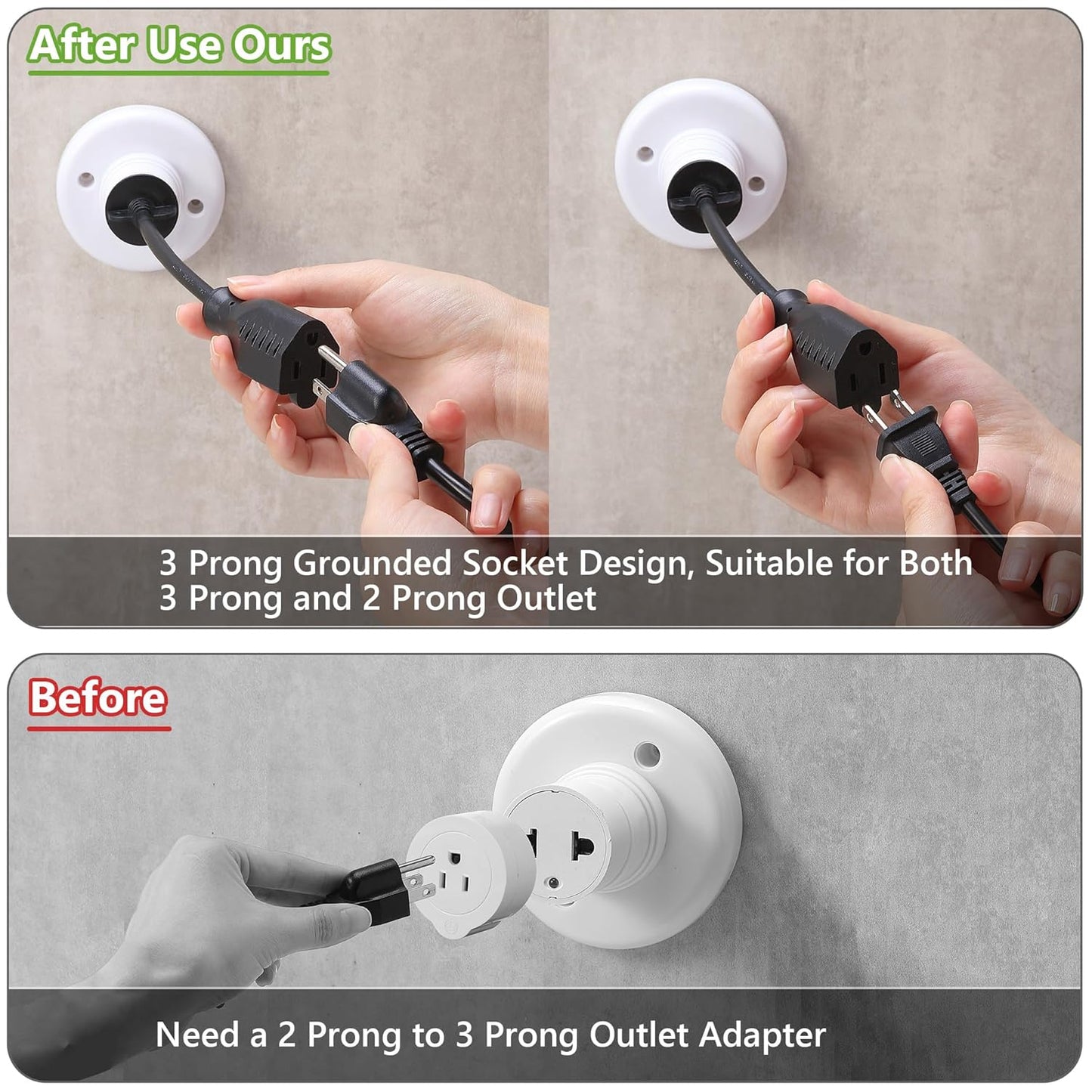 Feekoon 2 Pack 3 Outlet Light Socket Adapter, Convert E26/E27 Bulb Socket to 3 Prong Outlet with Extension Cord, Light Bulb Plug Adapter Converter Suitable for Outdoor Porch Garage Patio Use (Black)