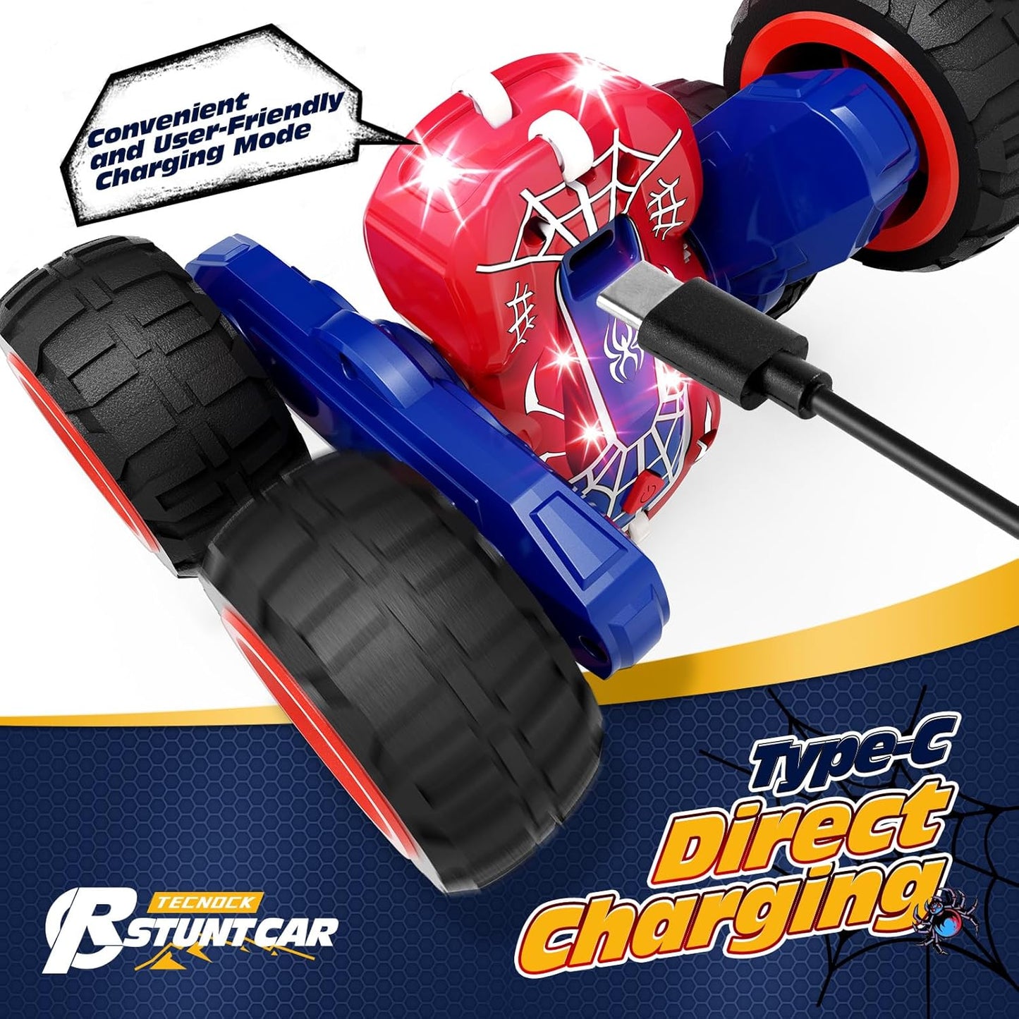 Tecnock Spider Remote Control Car, 2.4GHz RC Cars with USB-C Easy Charging, 4WD Double Sided 360° Rotates & Flips RC Stunt Car, Toys Gift for Boys and Girls