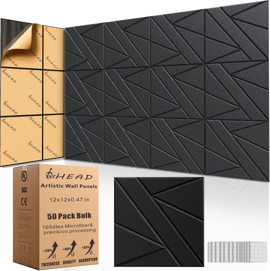 50 Pack Bulk Self-Adhesive Soundproof Wall Panels, 12 x 12 x 0.47 In Sound Proof Foam Panels for Walls, 1.2lb/ft³ High Density, Thicker 0.47in, Acoustic Panels, Duty for Large Walls Black