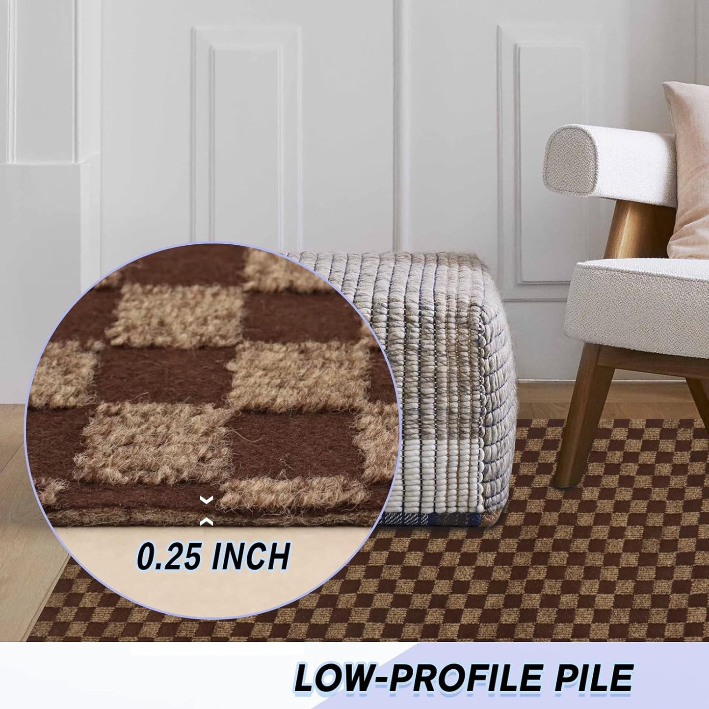 Custom Size Backed Non-Slip Area Rugs Runner, Easy Clean, Waterproof Runner Rugs for Hallway Entryway, Kitchen, Laundry, 3FT x 65FT, Brown Checkered