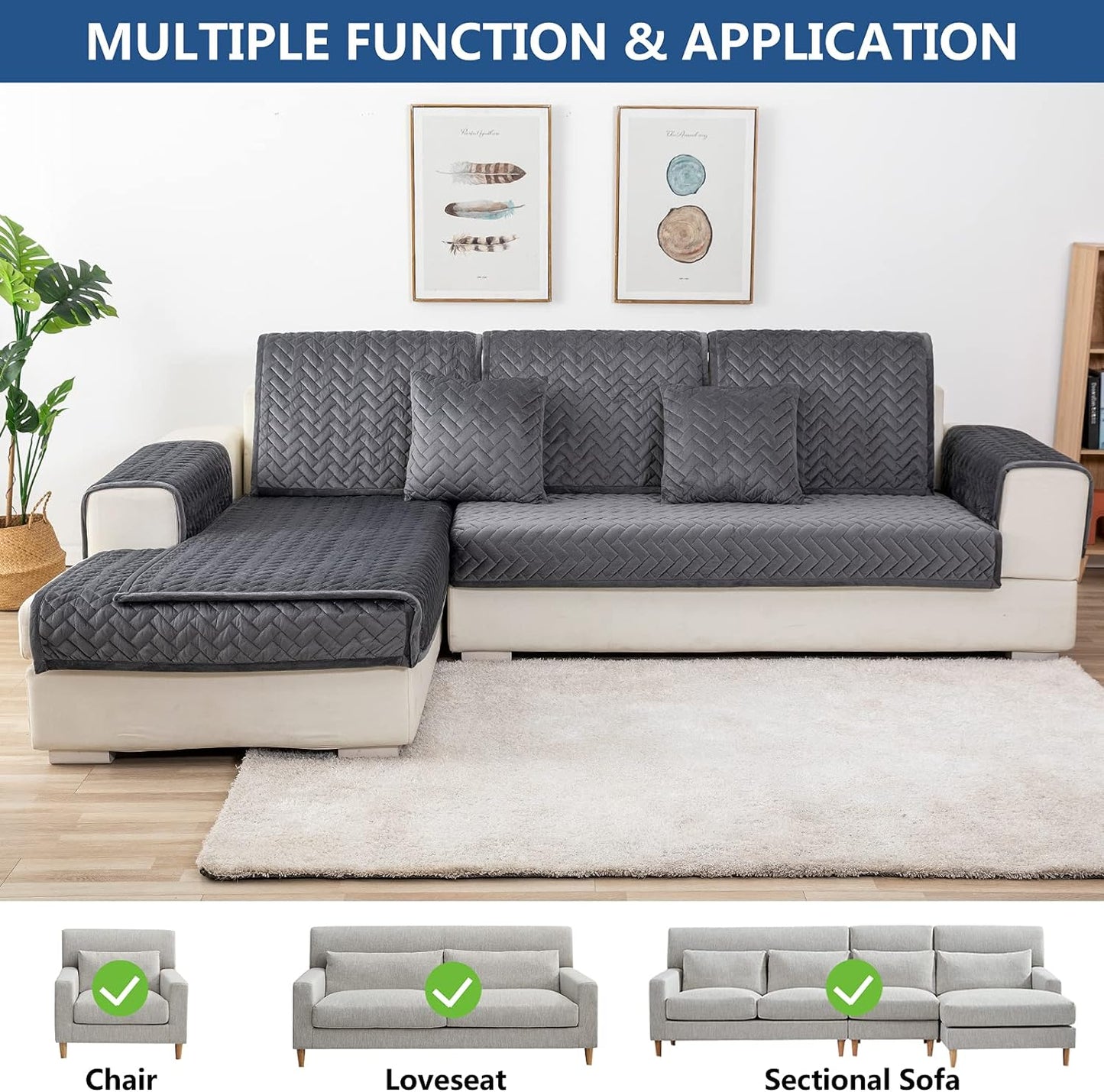 Eismodra Couch Cover,Sectional Couch Covers,Sofa Covers for 3 Cushion Couch,Anti-Slip Sofa Slipcovers for Dogs Cats Kids Loveseat Recliner L Shaped Armrest Backrest,Dark Gray 36''x36''(Only 1 Piece)
