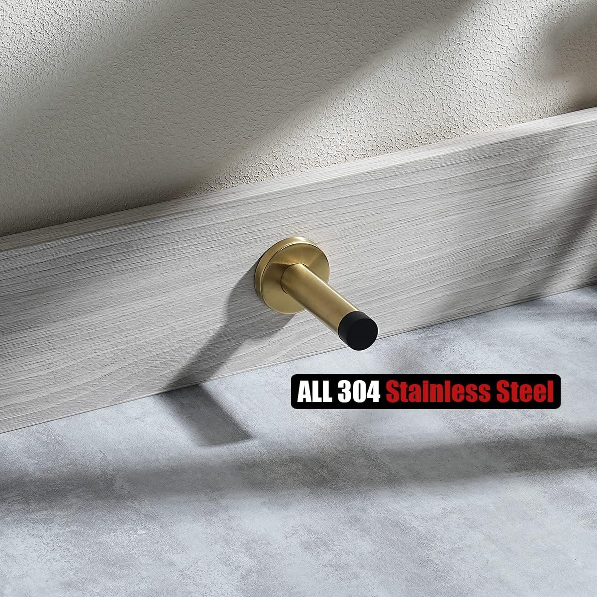 JQK Door Stopper Gold, 304 Stainless Steel Thicken 1mm Sound Dampening Door Stop Bumper Wall Protetor 2 Pack, Brushed Gold, DSB5-BG-P2