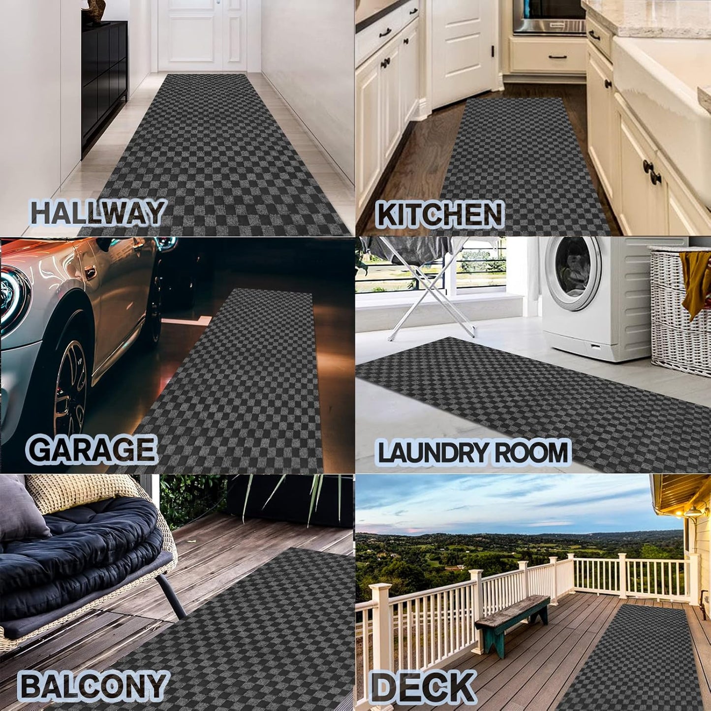 Custom Size Backed Non-Slip Area Rugs Runner, Easy Clean, Waterproof Runner Rugs for Hallway Entryway, Kitchen, Laundry, 4FT x 68FT, Gray Checkered