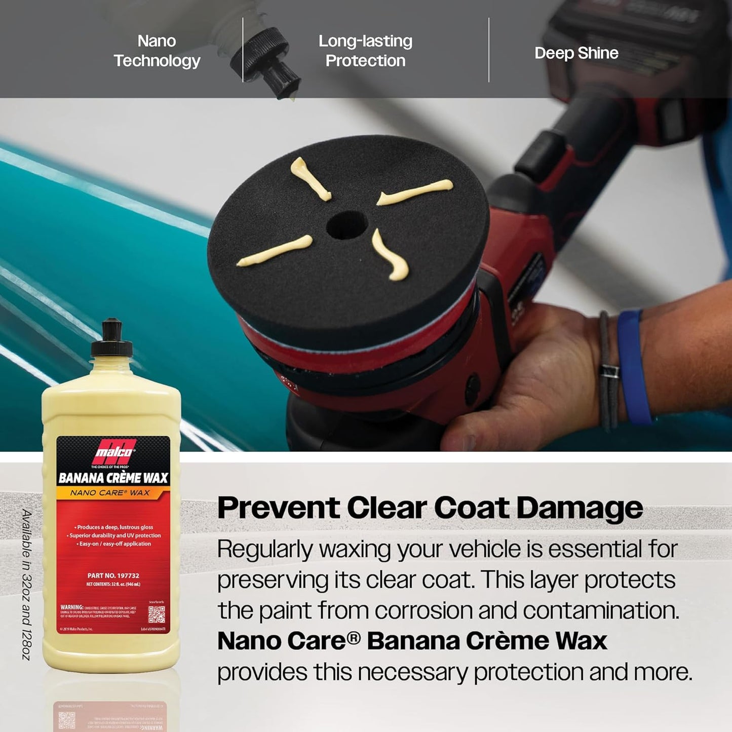 Malco Nano Care Banana Creme Wax - Deep Gloss Shine and Long-Lasting UV Protection/For Automotive, Marine and Industrial Finishes / 32 oz. (197732)