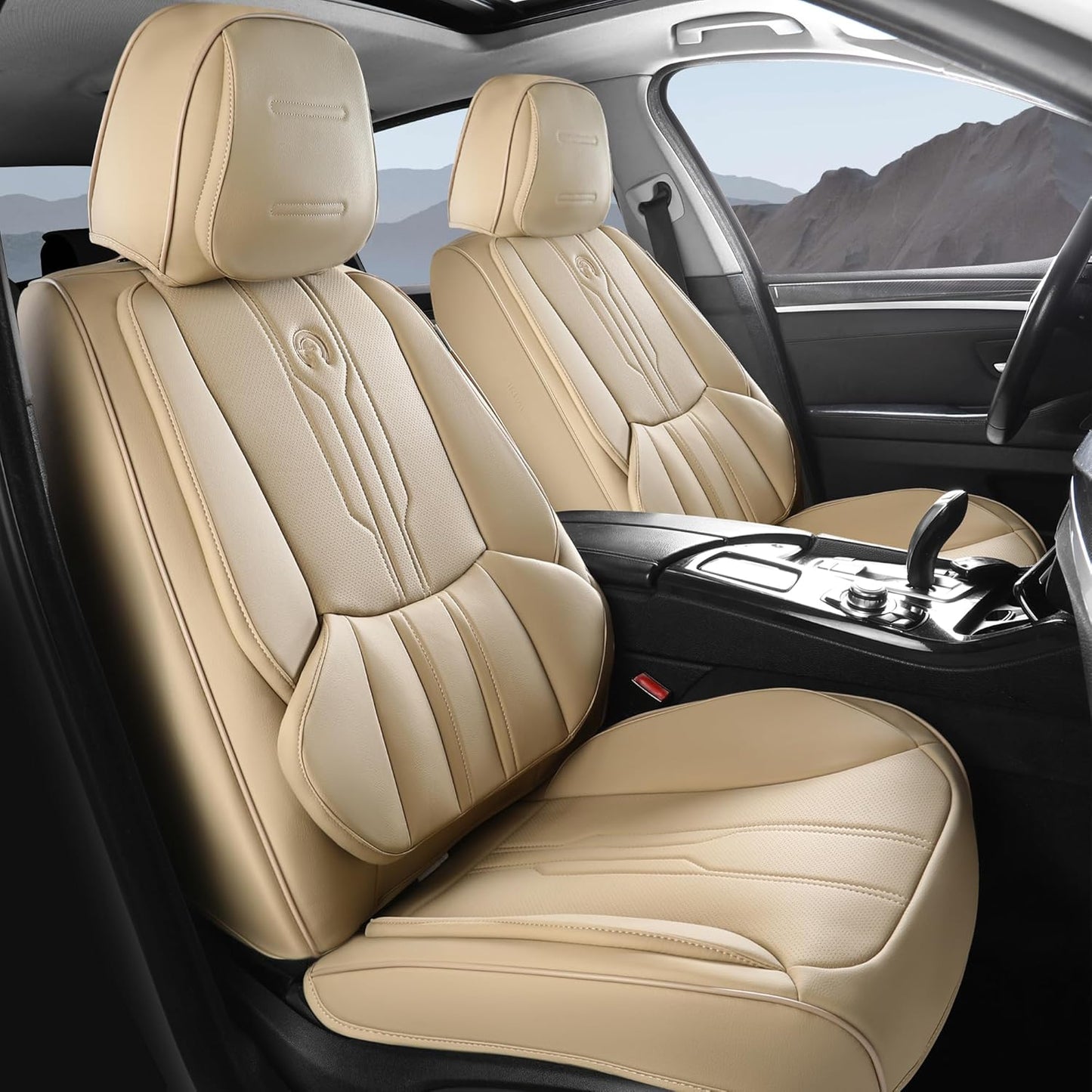 AOOG Car Seat Covers Full Set, Leather Seat Covers for Car, Waterproof Car Seat Protector with Lumbar Support, Automotive Seat Covers Universal Fit for Most Cars SUV Trucks (Full Set, Beige)