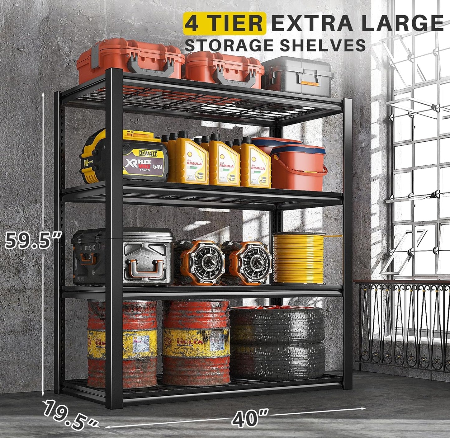 REIBII 40" W Garage Shelving 2240 LBS Storage Shelves Adjustable Metal Shelving Heavy Duty 4 Tier Metal Shelves for Pantry Basement Warehouse 40" W × 19.5" D × 59.5" H