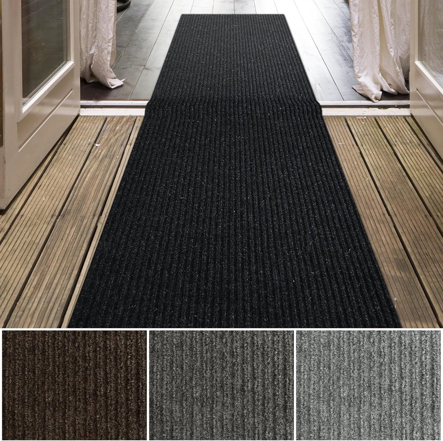 iCustomRug Spartan Weather Warrior Indoor/Outdoor Utility Ribbed Carpet Runner with Non-Slip Thermoplastic Rubber Backing, 28in X 68ft in Black