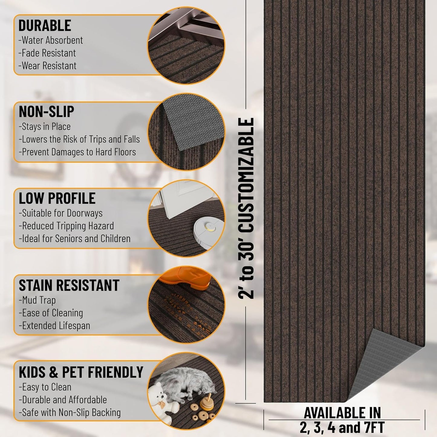 Ottomanson 2'7" x 46' Hallway Runner with Scraper Pile - Extra Durable Non-Slip Rug Mat for Indoor & Outdoor Use - Ideal for Kitchen, Entryway & Garage - High-Traffic Carpet, Brown