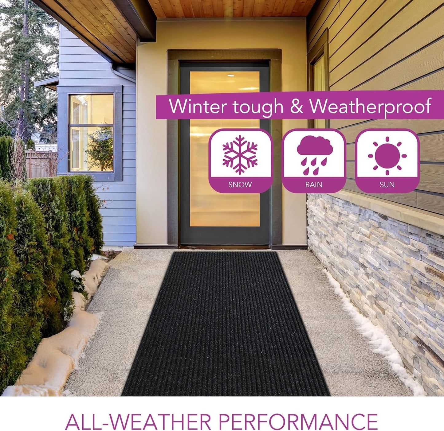 iCustomRug Spartan Weather Warrior Indoor/Outdoor Utility Ribbed Carpet Runner with Non-Slip Thermoplastic Rubber Backing, 3ft X 22ft in Black