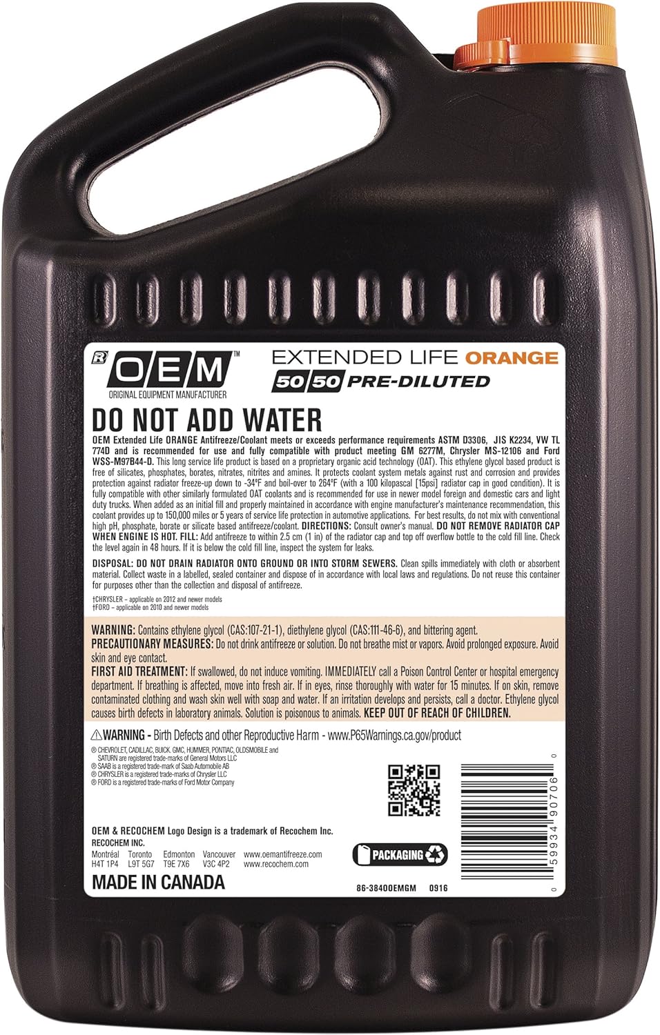 OEM Recochem American Vehicles Premium Antifreeze 50/50 Extended Life Coolant Orange, 1 Gallon, 4 Pack