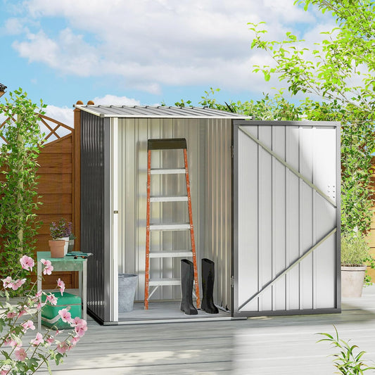 Outsunny 3.3' x 3.4' Outdoor Storage Shed, Metal Garden Tool House with Sloping Roof and Lockable Door for Backyard, Bike, Patio, Garage, Lawn, Gray