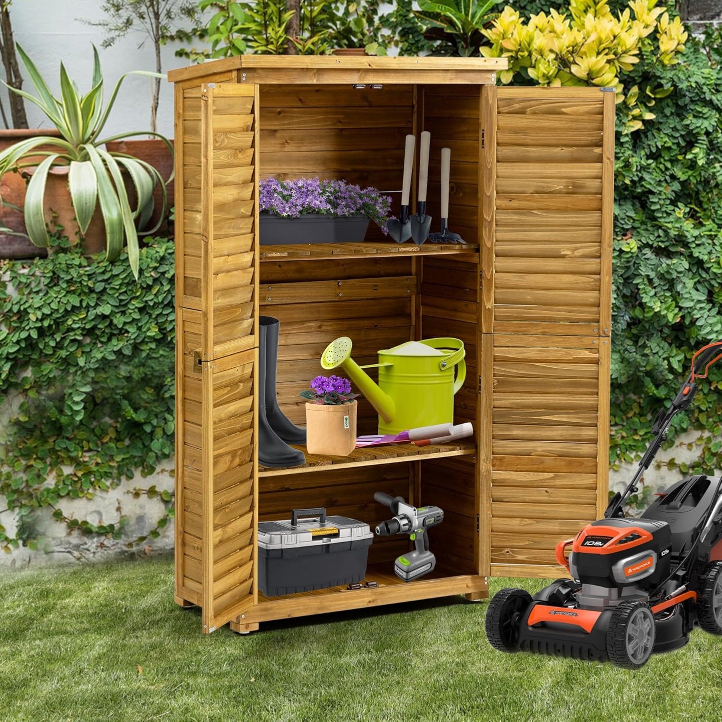 63 "H x 34.25 "L x 18.5 "W Vertical Garden Shed for Patio,Outdoor Wooden Storage Cabinet with Waterproof Roof, 2 Removable Shelves, and Adjustable Feet, Yard, and Garage,Natural Wood