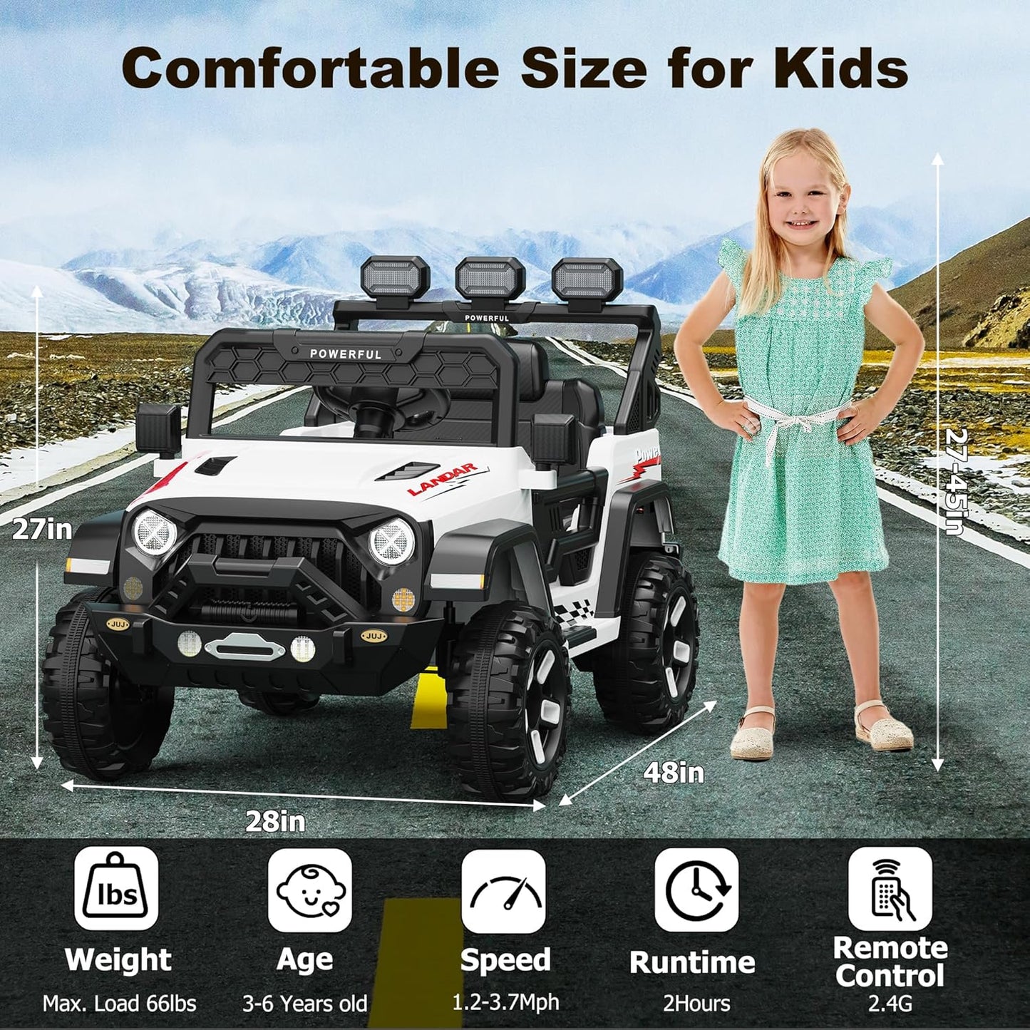Kids Electric Vehicle, 12V Battery Powered Ride On Car with 2.4G Remote Control, Electric Car for Kids, 3 Speed Ride On Toy, Soft Start, LED Lights, Bluetooth, White