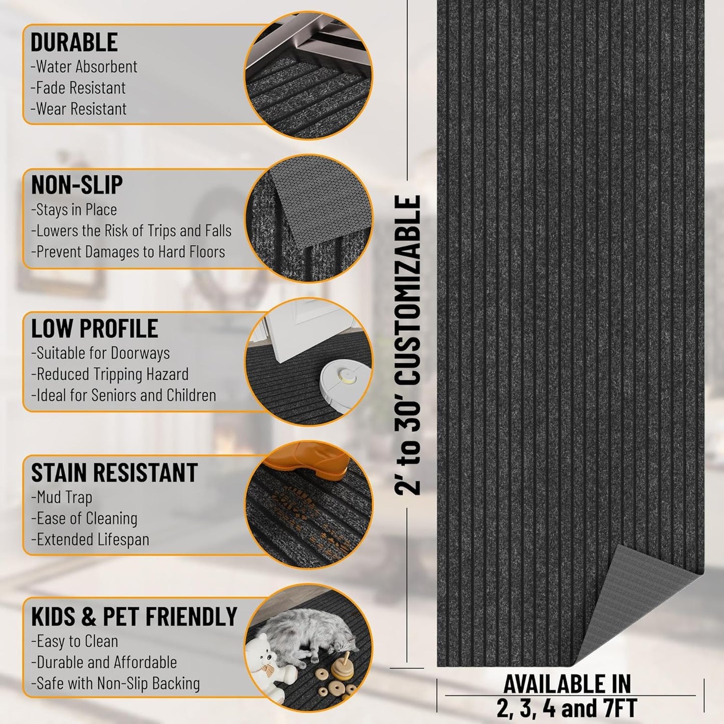 Ottomanson Mud Mat 2'7" x 4' Entryway Rug - Non-Slip Scraper Doormat for Muddy Paws, Dirt Trapping Indoor/Outdoor Mat for High-Traffic Areas, Kitchen, Garage, Patio, Black