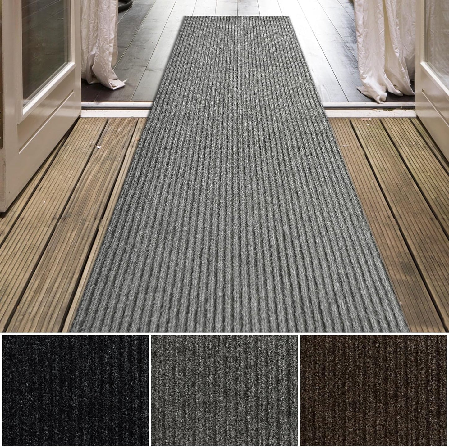 iCustomRug Spartan Weather Warrior Indoor/Outdoor Utility Ribbed Carpet Runner with Non-Slip Thermoplastic Rubber Backing, 3ft X 68ft in Grey