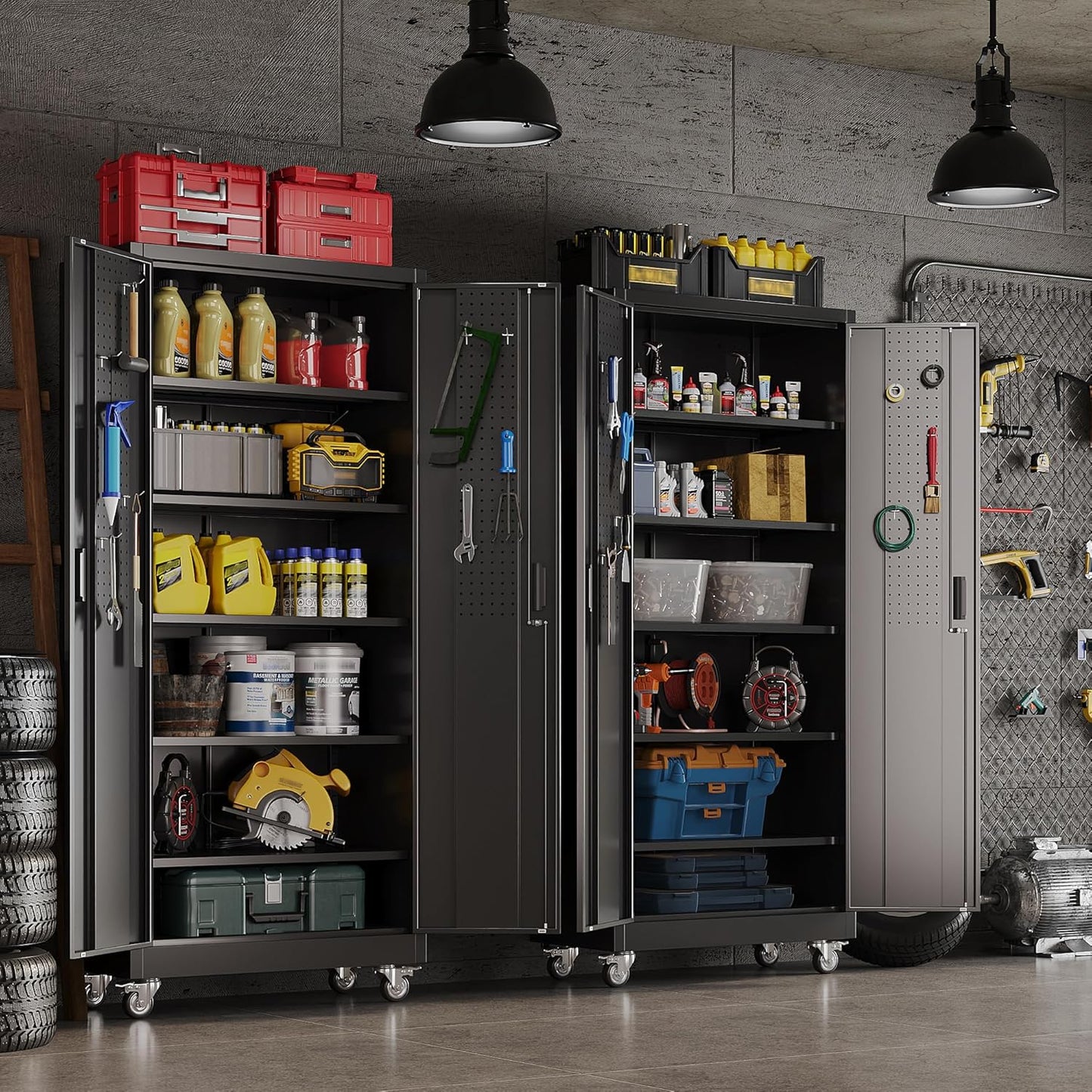 Garage Storage Cabinet with Wheels Pegboard and 5 Adjustable Shelves, 71'' x 32'' x 16''Metal Lockable Cabinet with Magnetic Doors,Tool Storage,Home Office Garage,Gym,School (Black)