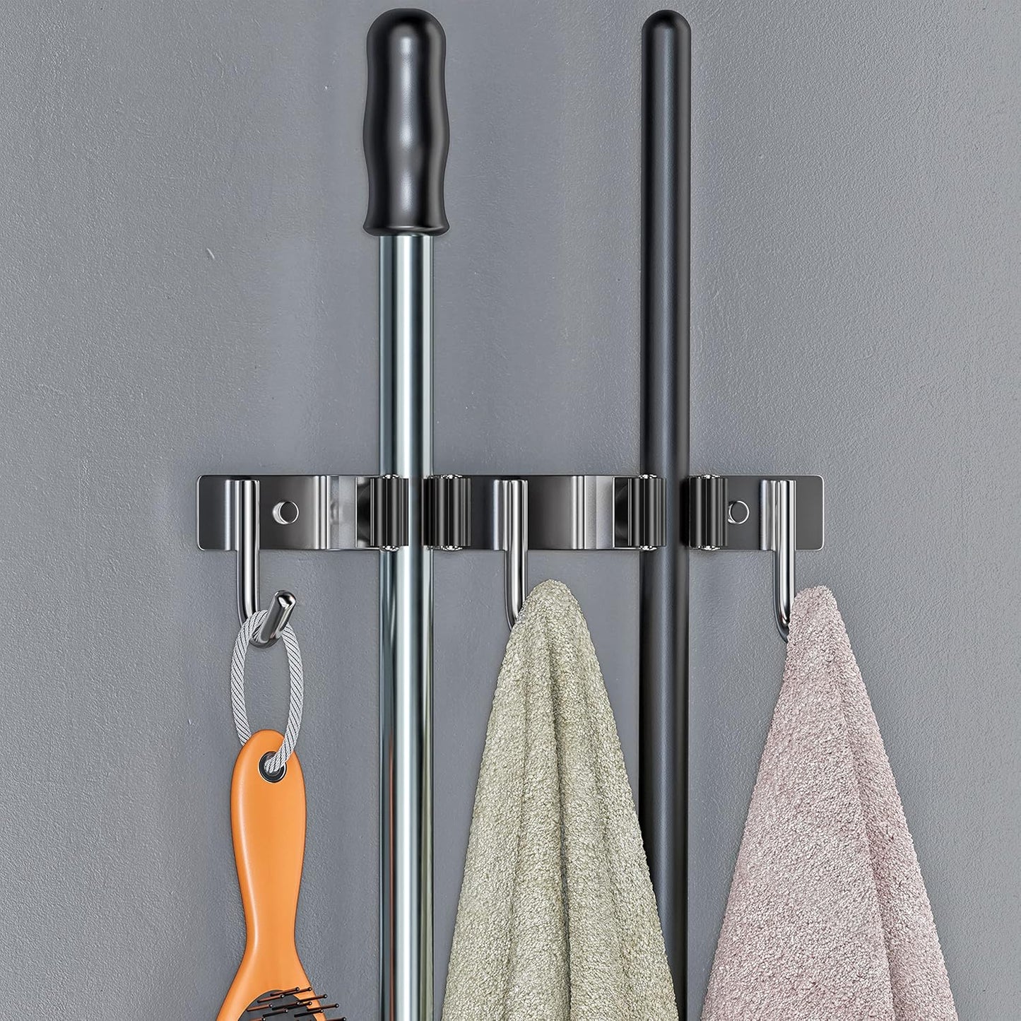 Heavy Duty Broom and Mop Holder Wall Mounted with 2 Rubber Grip Slots & 3 Utility Hooks – SUS304 Stainless Steel, Waterproof, Self Adhesive or Drill Mount, for Garage, Laundry, Kitchen & Closet Use