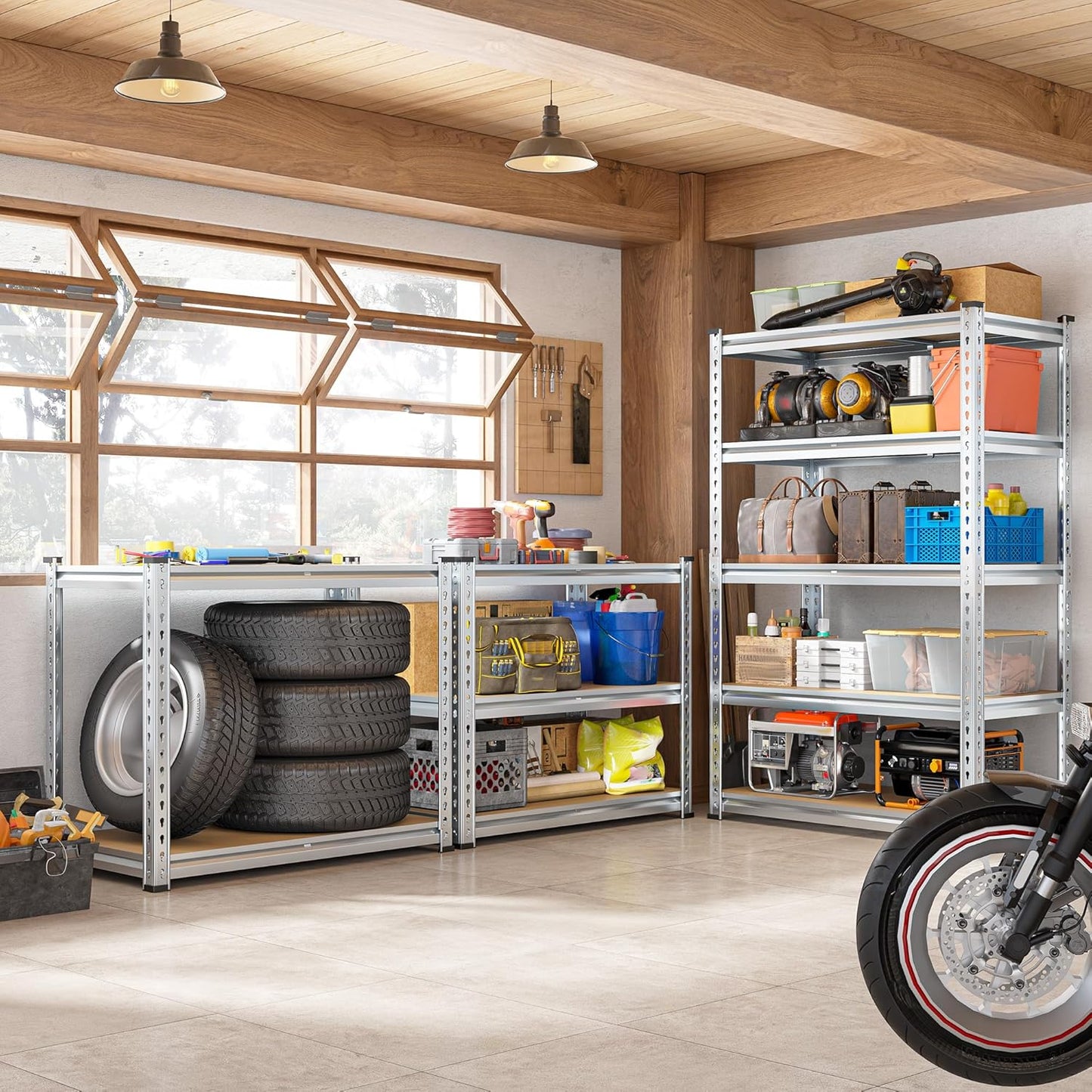 REIBII Garage Shelving, 5 Tier Storage Shelves Load 2020LBS, Adjustable Garage Shelving Heavy Duty, Metal Shelves Unit with Waterproof Columns, 35.5" W x 11.9" D x 72" H, Galvanized, 2 Pack
