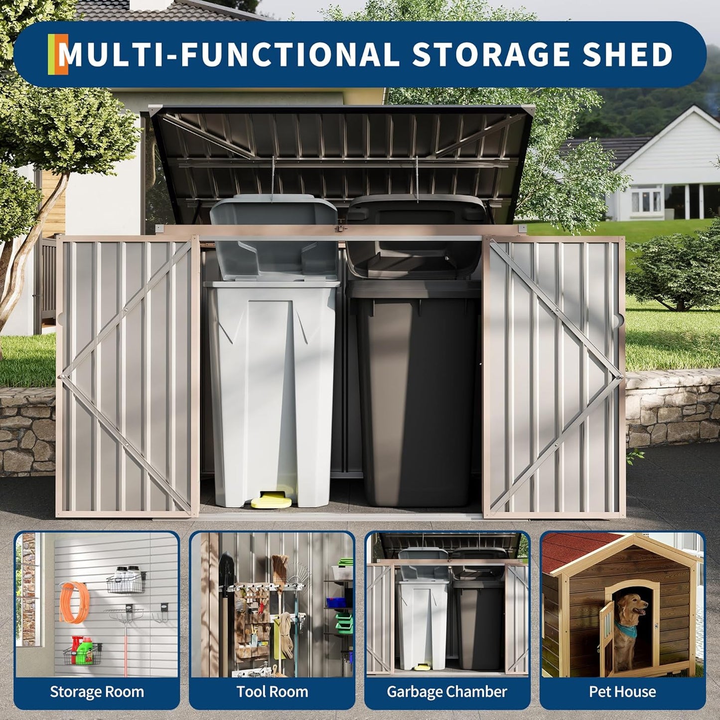 Outdoor Trash Can Storage 2 Binsgarbage Bin Storage Shed, 3x6 FT Garbage Bin Storage Shed with Chain Lid, Metal Outdoor Storage for Garden, Backyard, Lawn and Patio