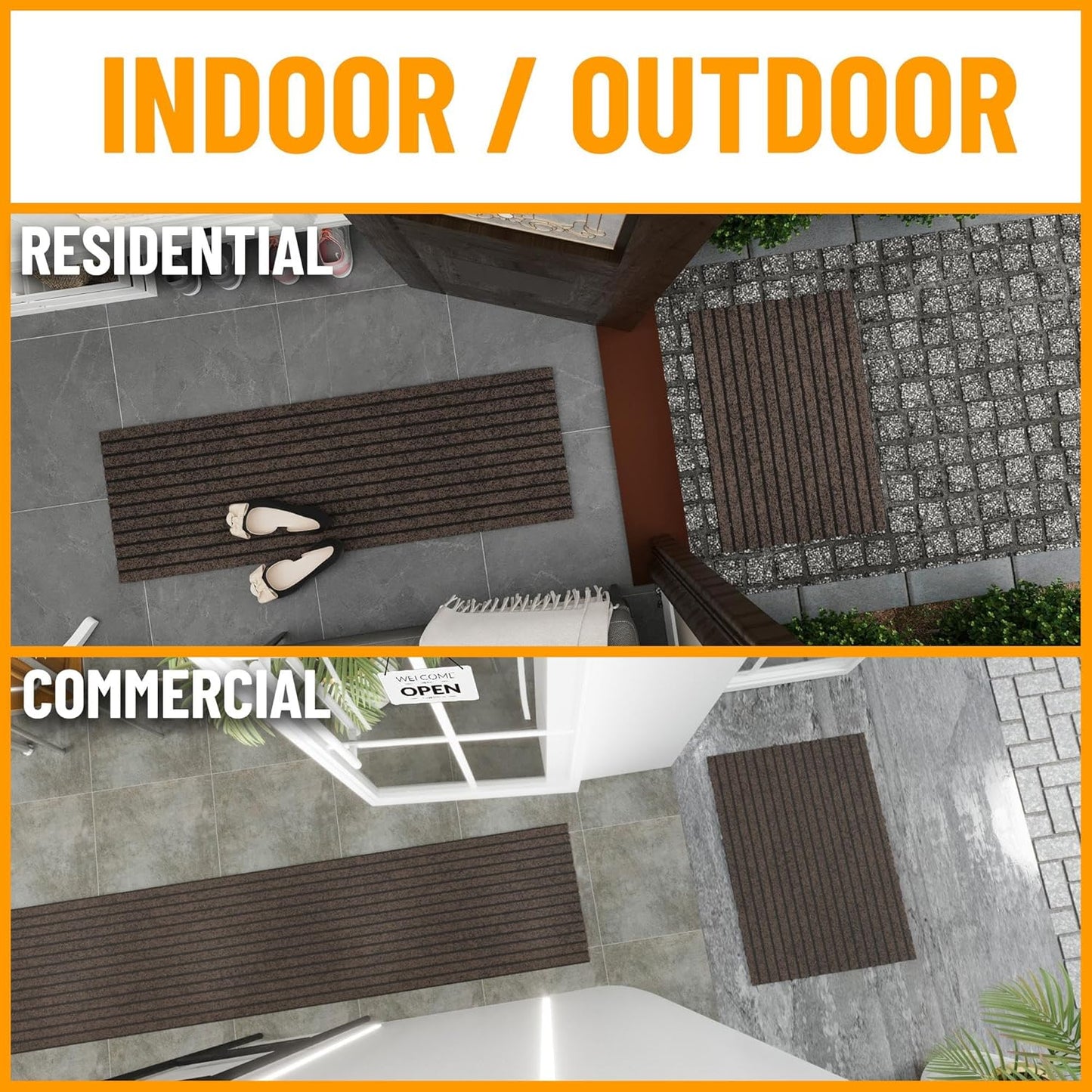 Ottomanson 2'7" x 52' Hallway Runner with Scraper Pile - Extra Durable Non-Slip Rug Mat for Indoor & Outdoor Use - Ideal for Kitchen, Entryway & Garage - High-Traffic Carpet, Brown