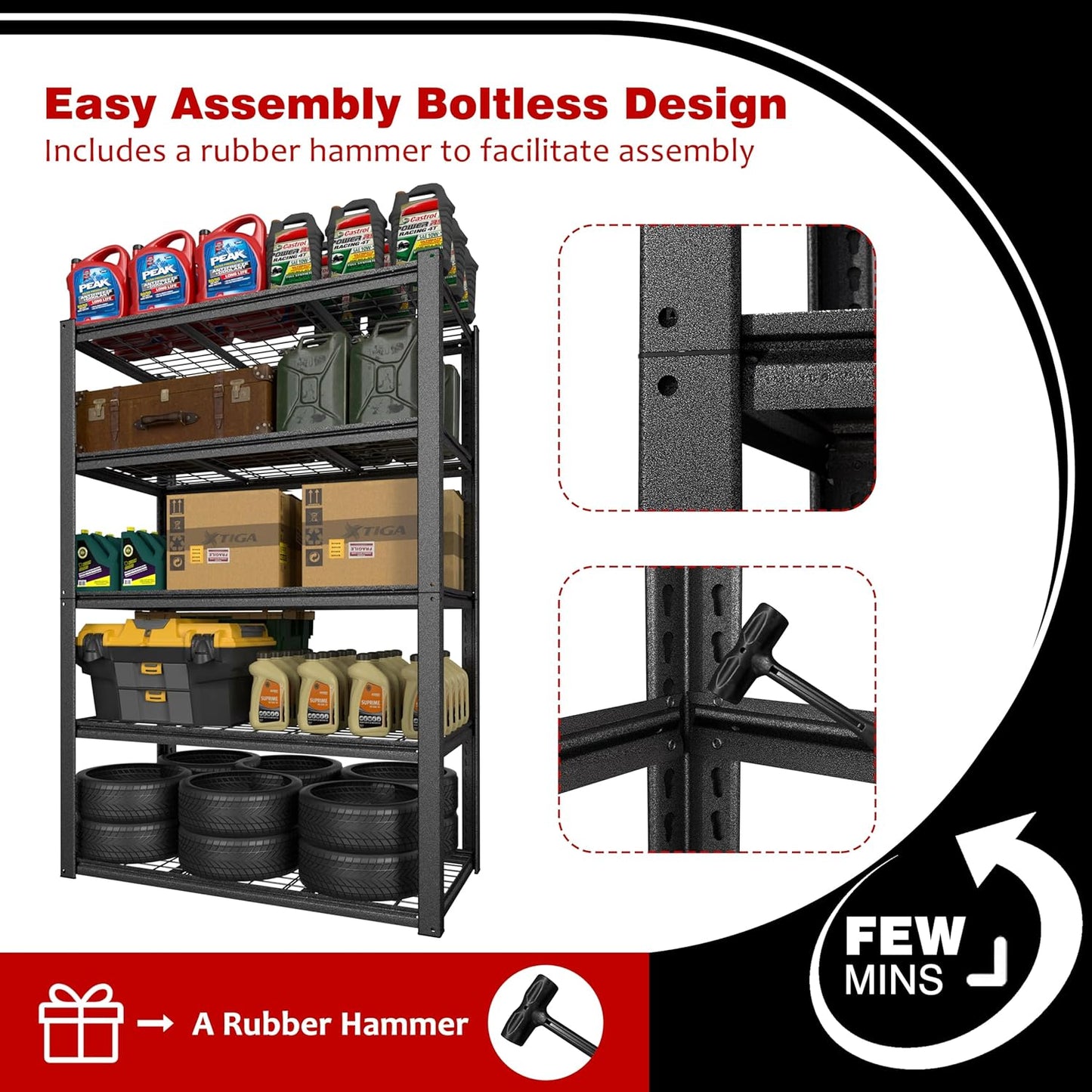 MUPATER 48.43" W x 23.98" D x 72.05" H Metal Storage Shelves, 5 Tier Shelves and Adjustable Shelves, Garage Shelving Unit, Standing Utility Shelf Racks for Garage Warehouse Kitchen